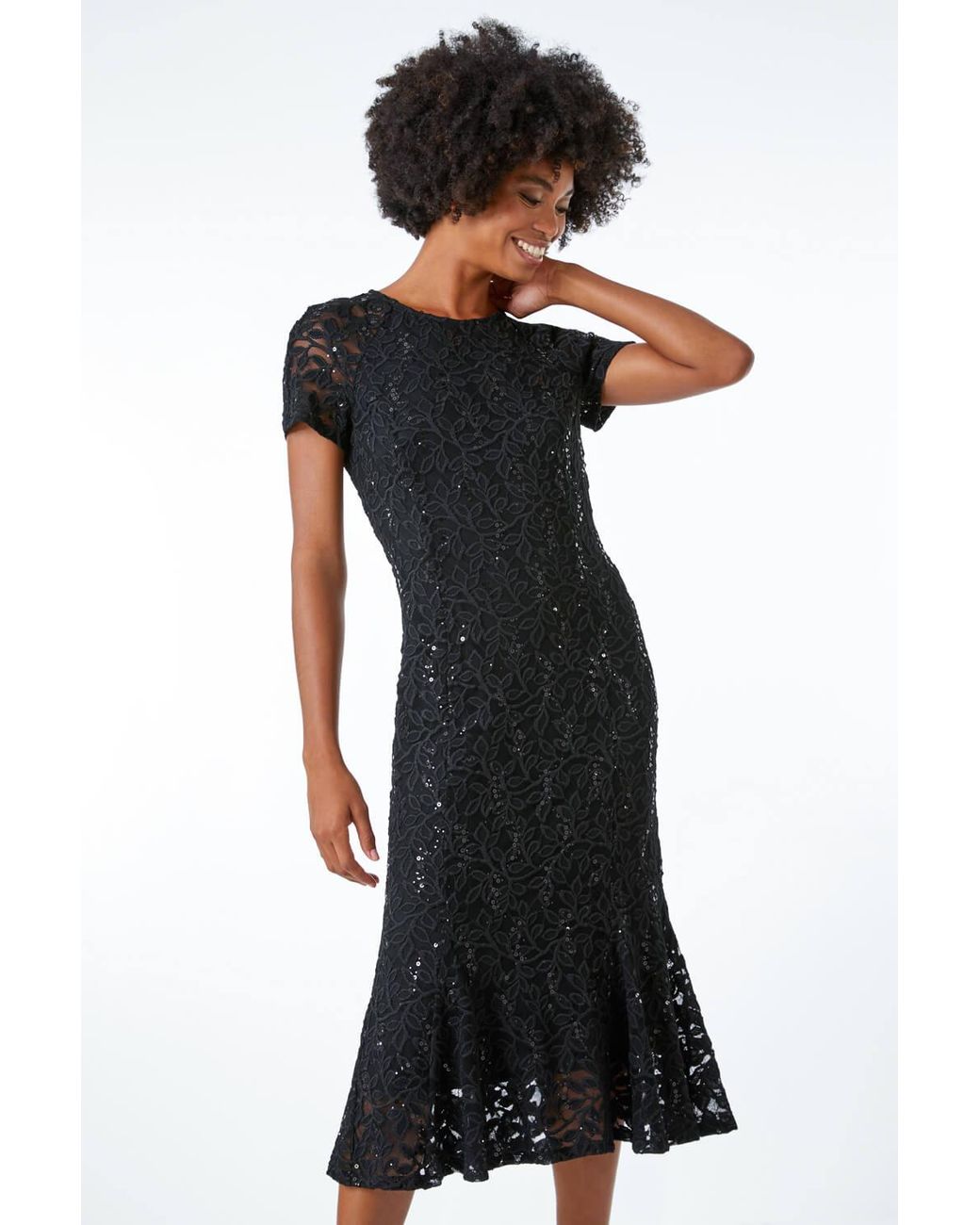 Roman Black Leaf Lace Sequin Midi Dress