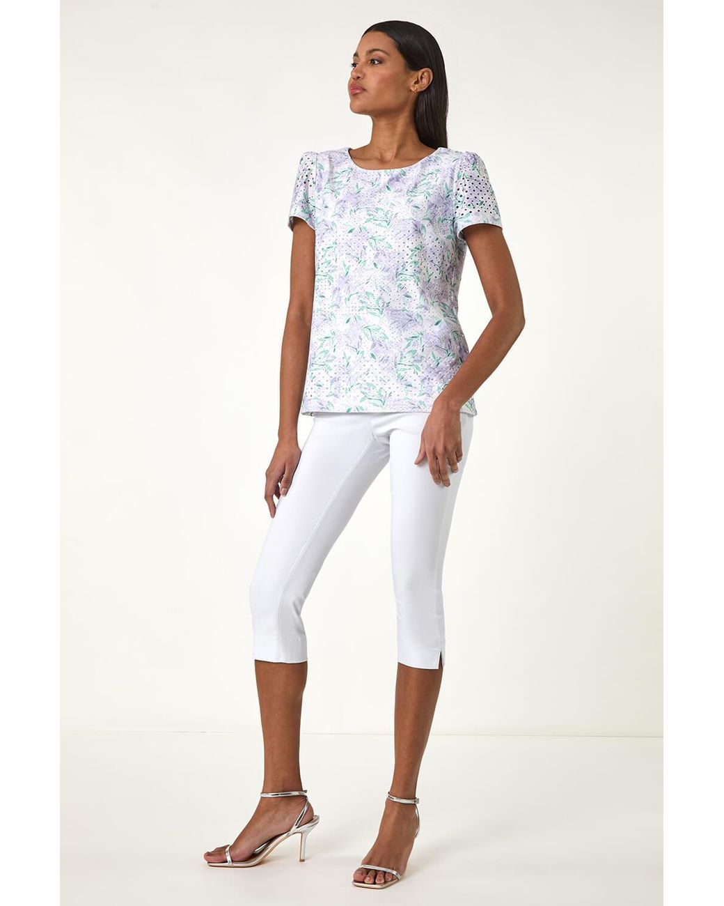 Roman White Textured Floral Print Stretch Top