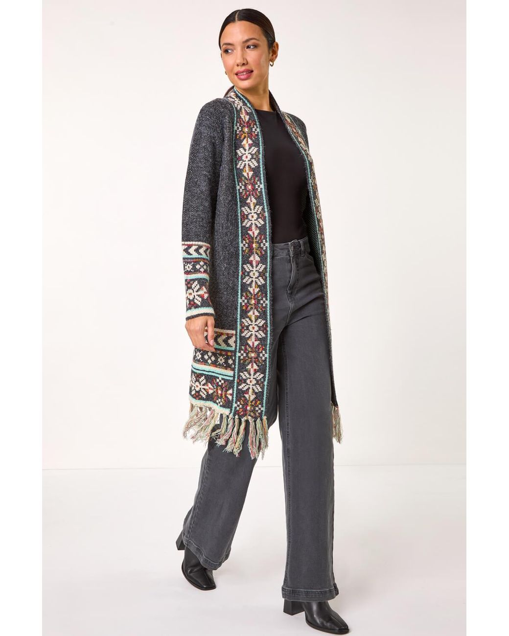 Roman Gray Nordic Pattern Fringe Hem Cardigan