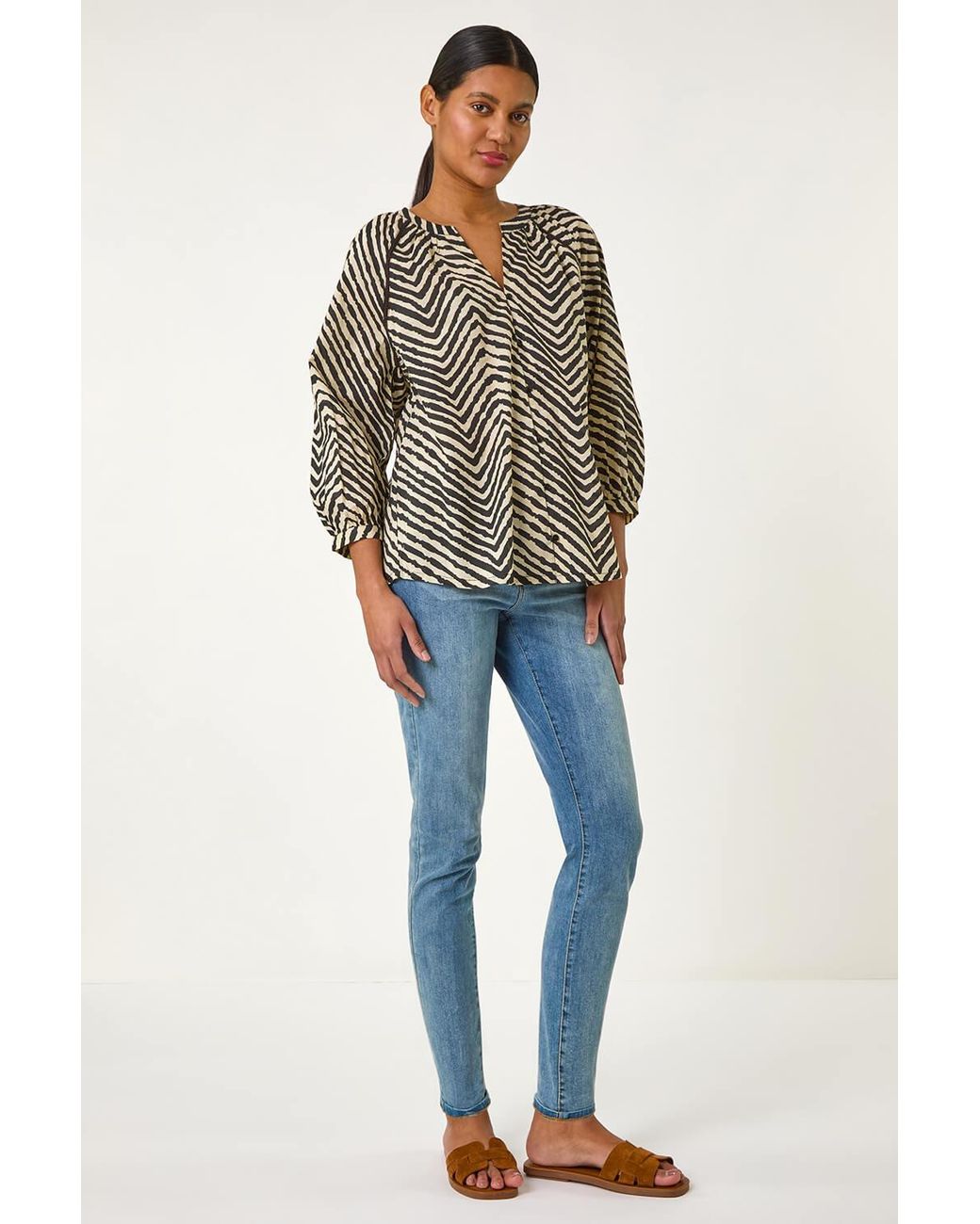 Roman Black Linear Print V-Neck Blouse