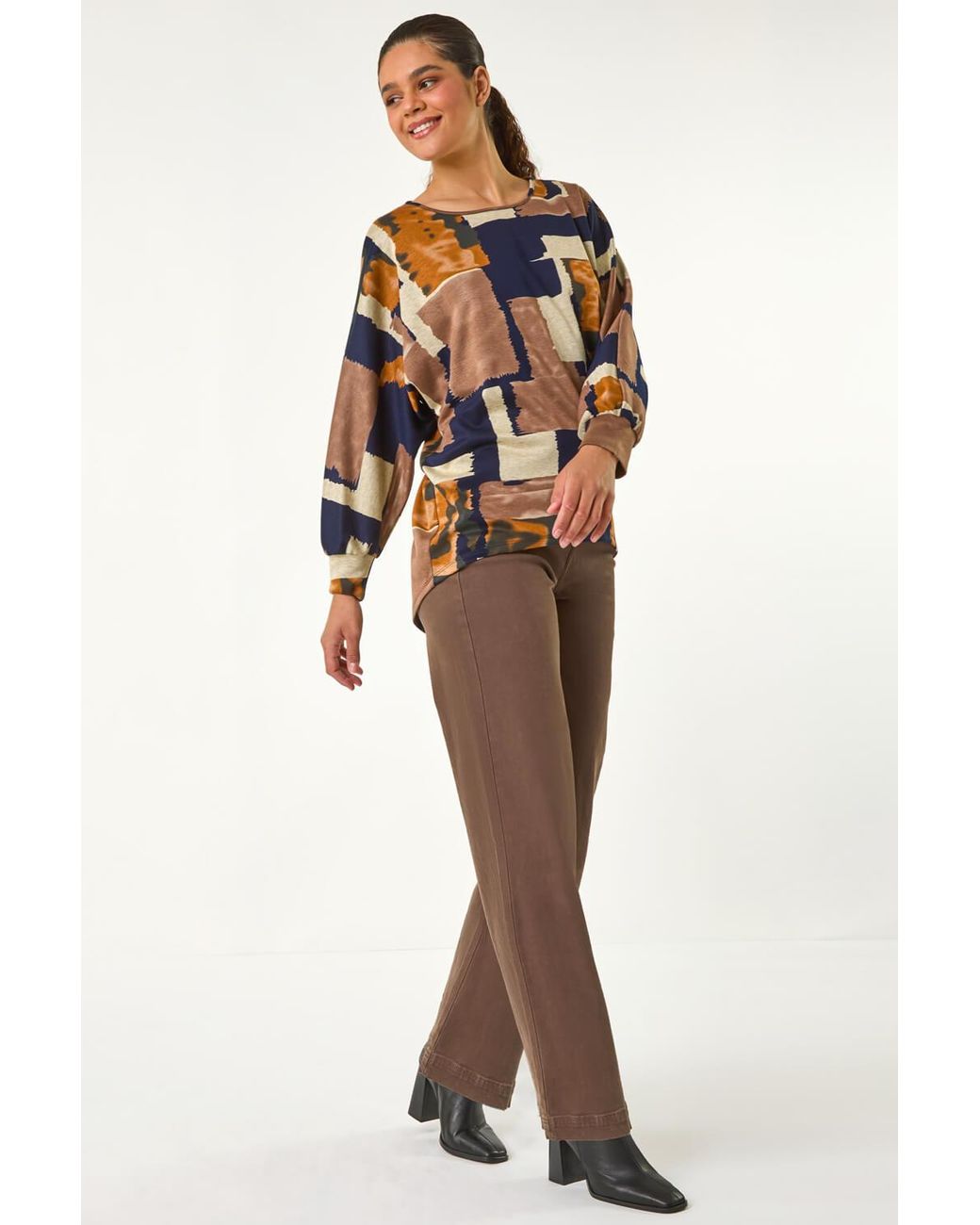 Roman Metallic Abstract Print Contrast Hem Stretch Top