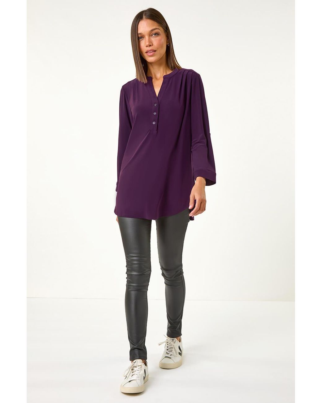 Roman Purple V-Neck Button Detail Stretch Shirt