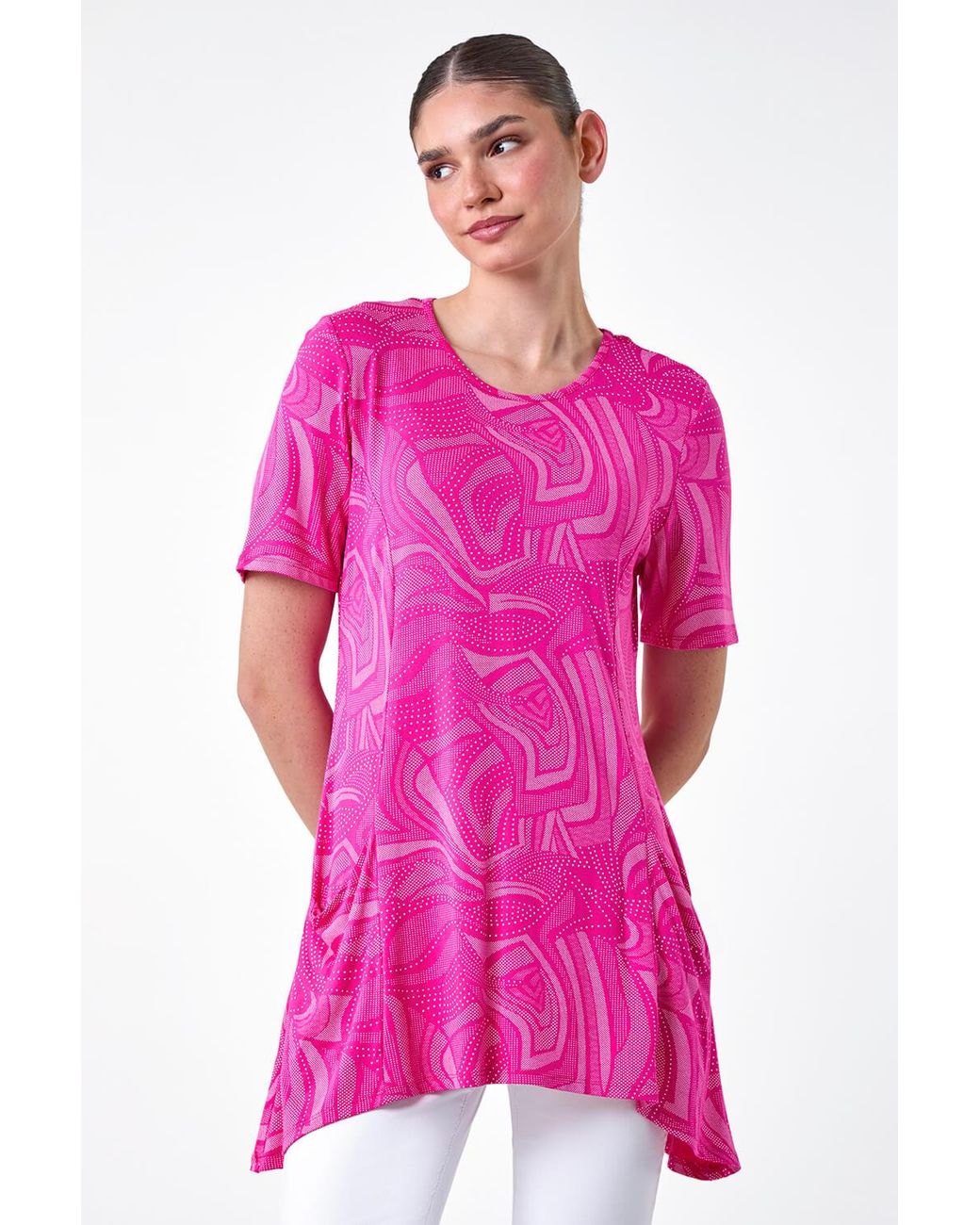 Roman Pink Abstract Spot Pocket Stretch Tunic Top