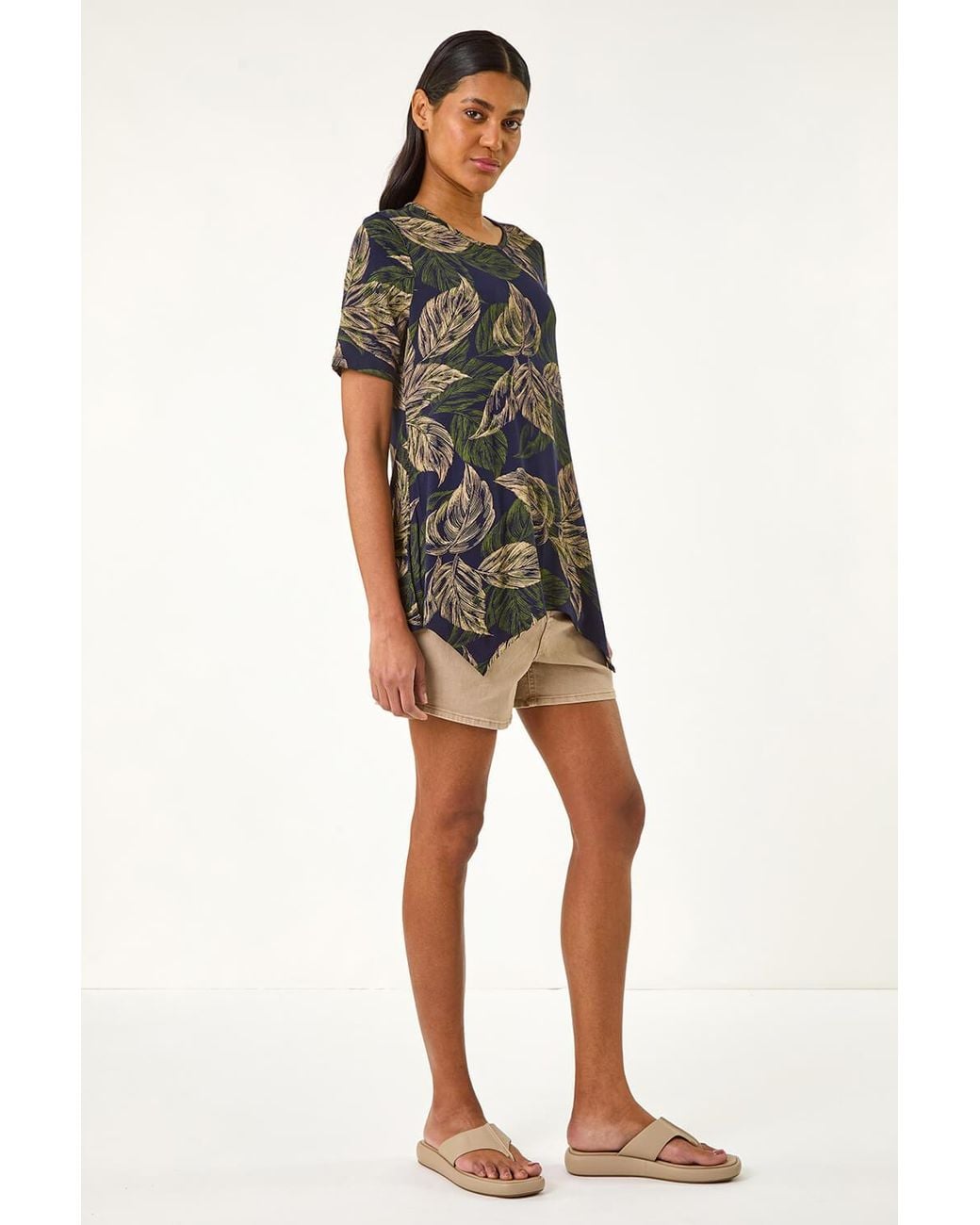 Roman Blue Leaf Print Hanky Hem Tunic Top
