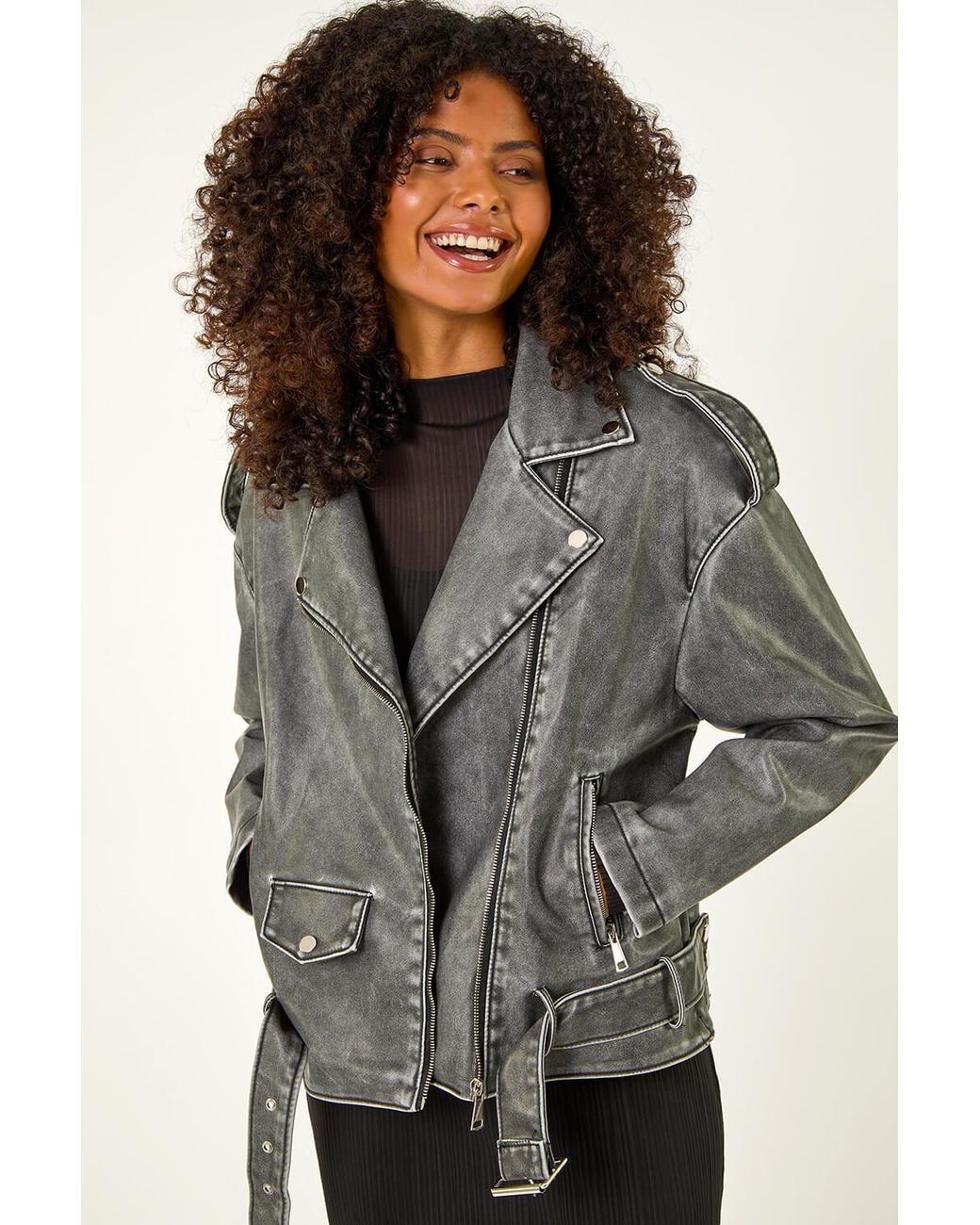 D.u.s.k Gray Oversized Belt Biker Jacket