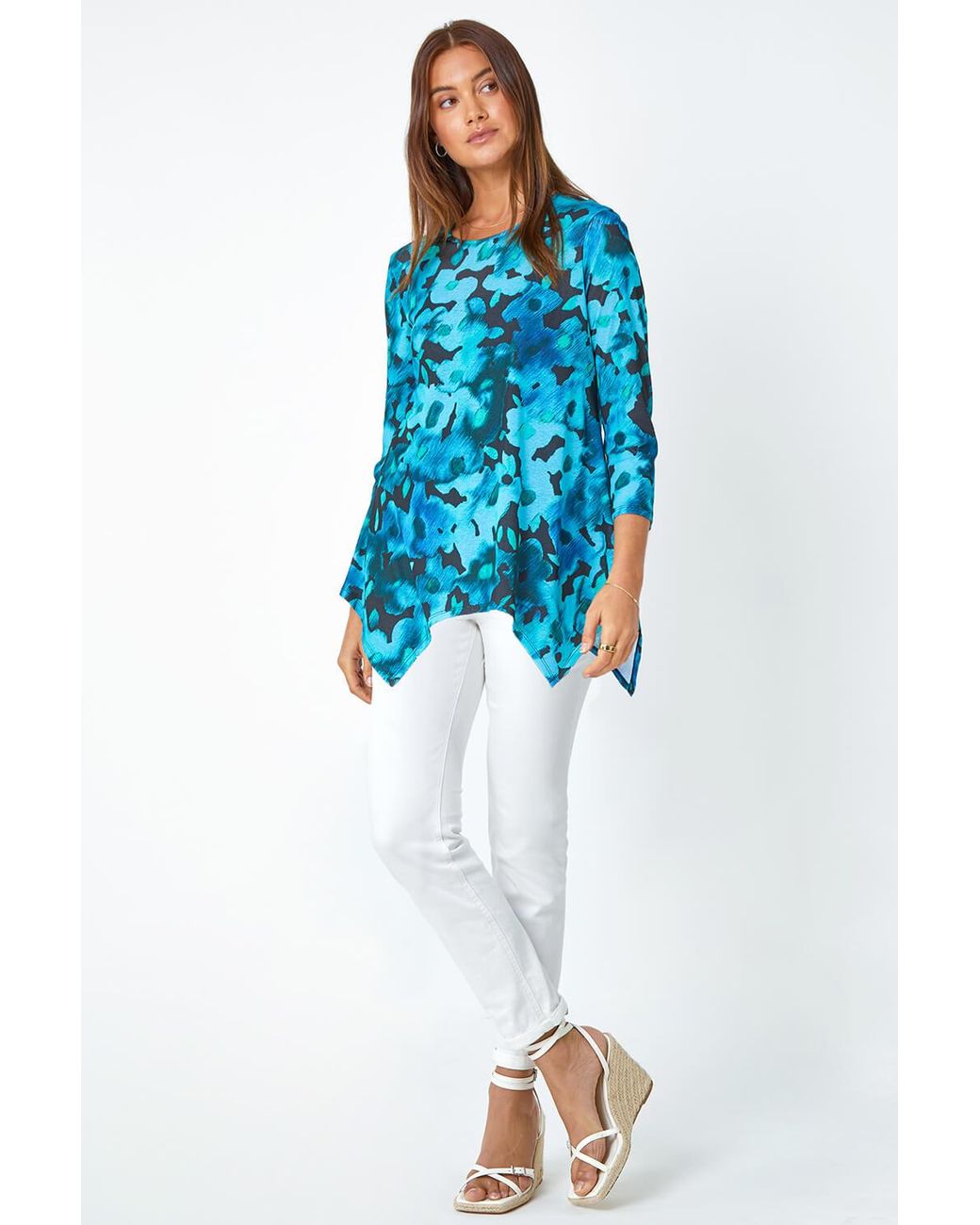 Roman Blue Floral Print Mesh Hanky Hem Top