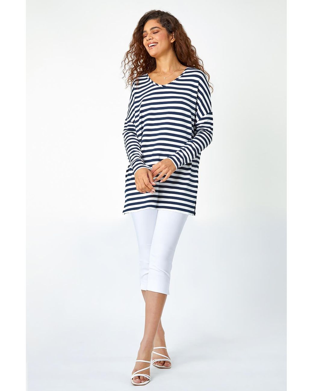 Roman Blue Stripe Print Tunic Stretch Top