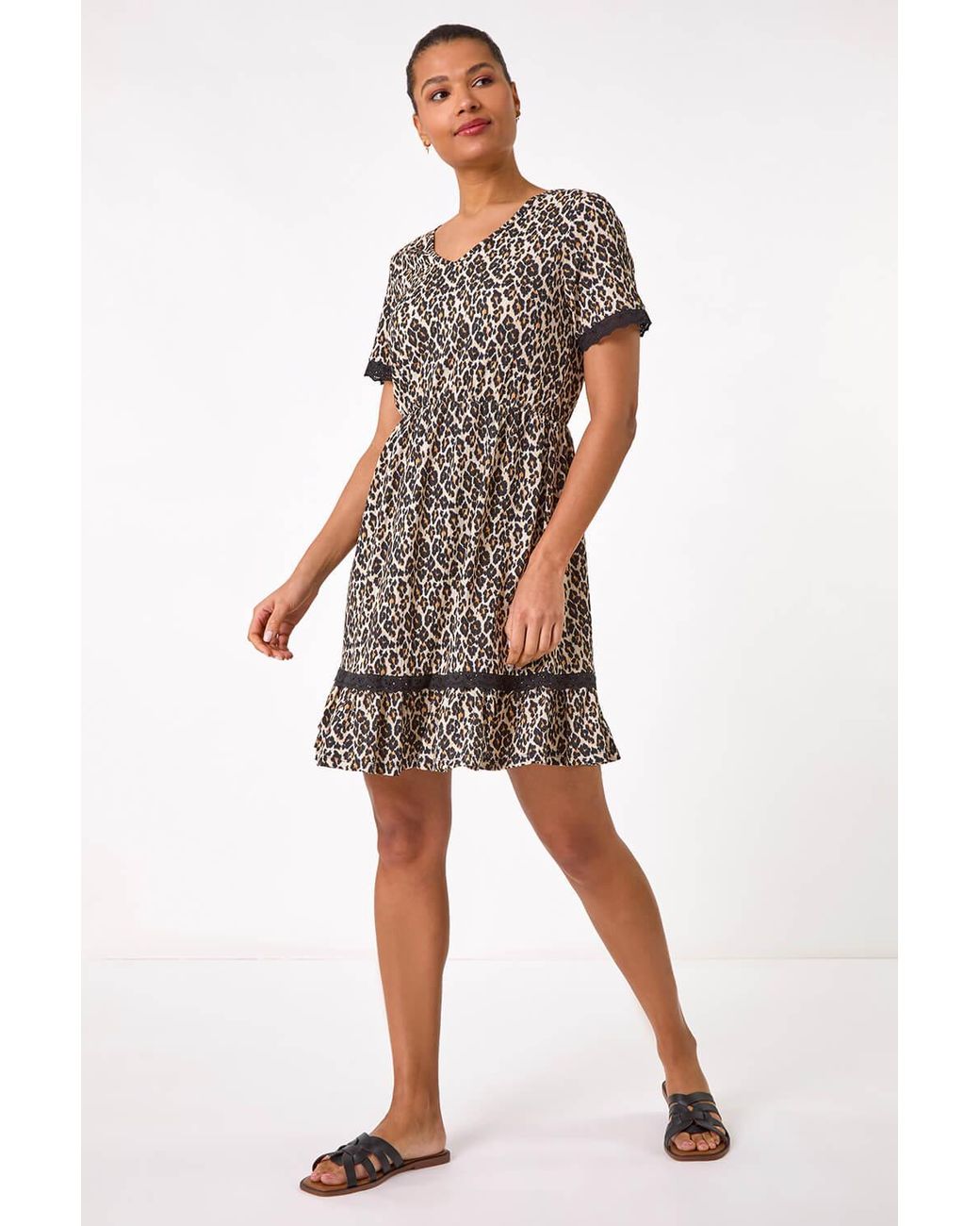 Roman Natural Animal Print Embroidered Stretch Dress