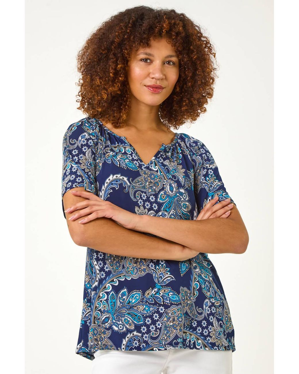 Roman Blue Paisley Print Gathered Stretch Top