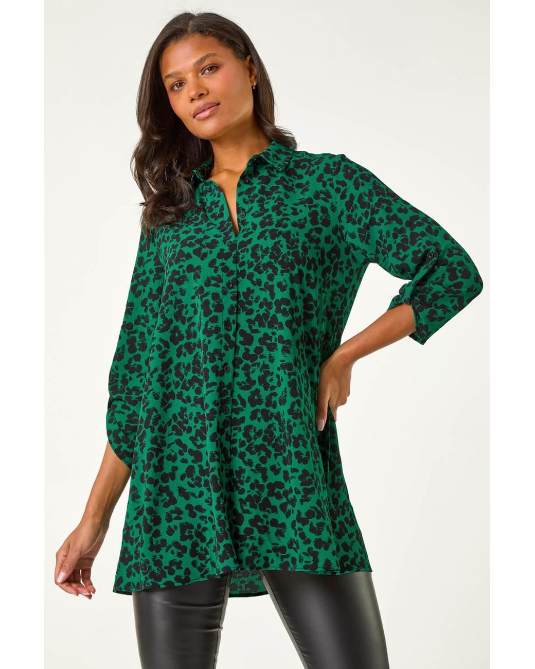 Roman Green Swing Shape Animal Print Blouse