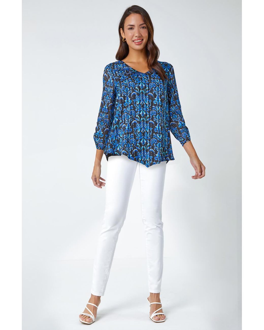 Roman Blue Abstract Metallic Ruched Chiffon Blouse