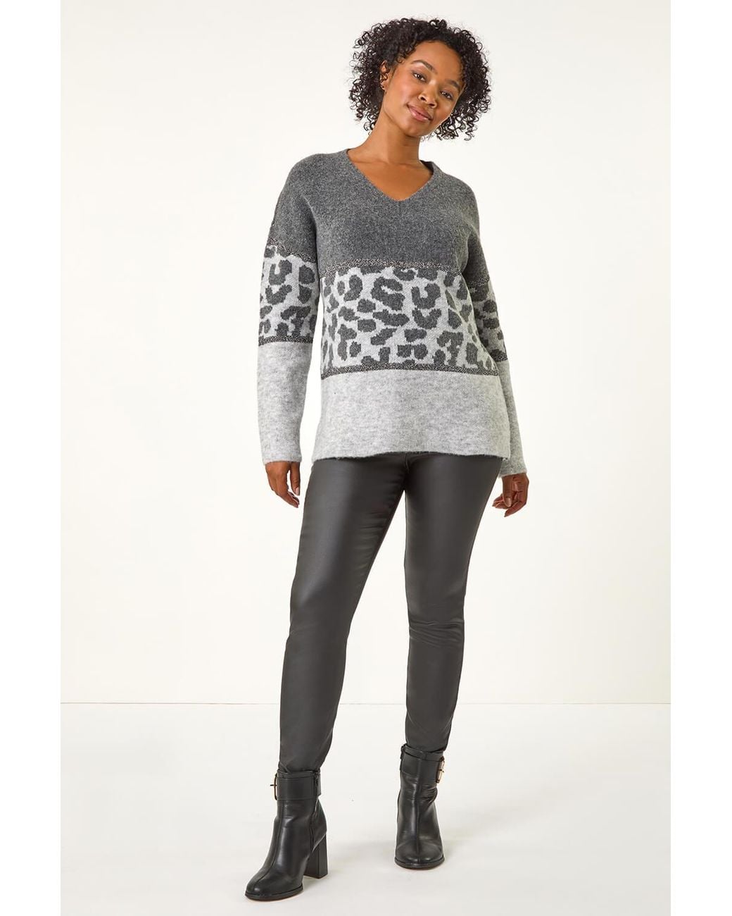 Roman Petite Gray Animal Colourblock Stretch Jumper