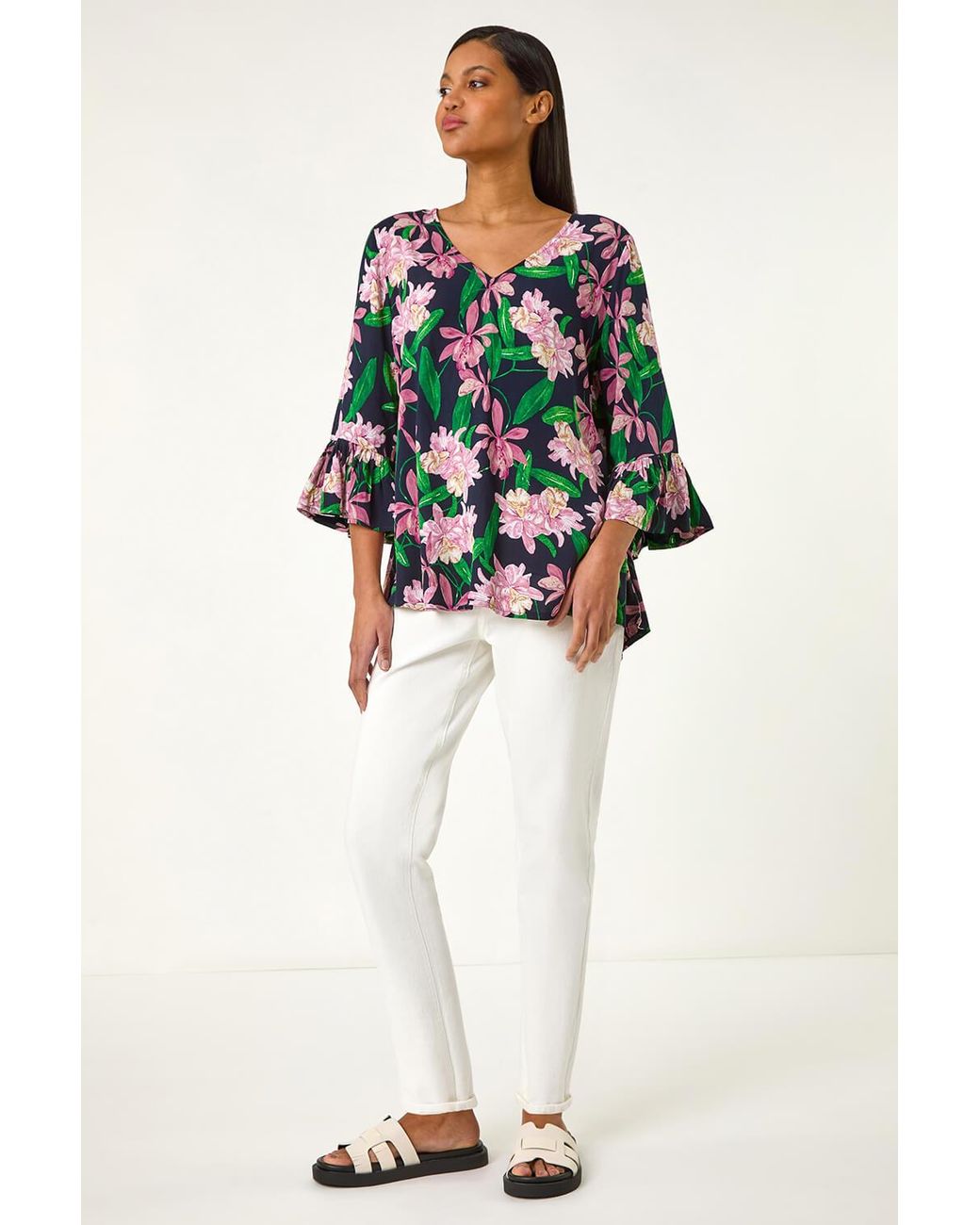 Roman Pink Floral Flare Sleeve Top