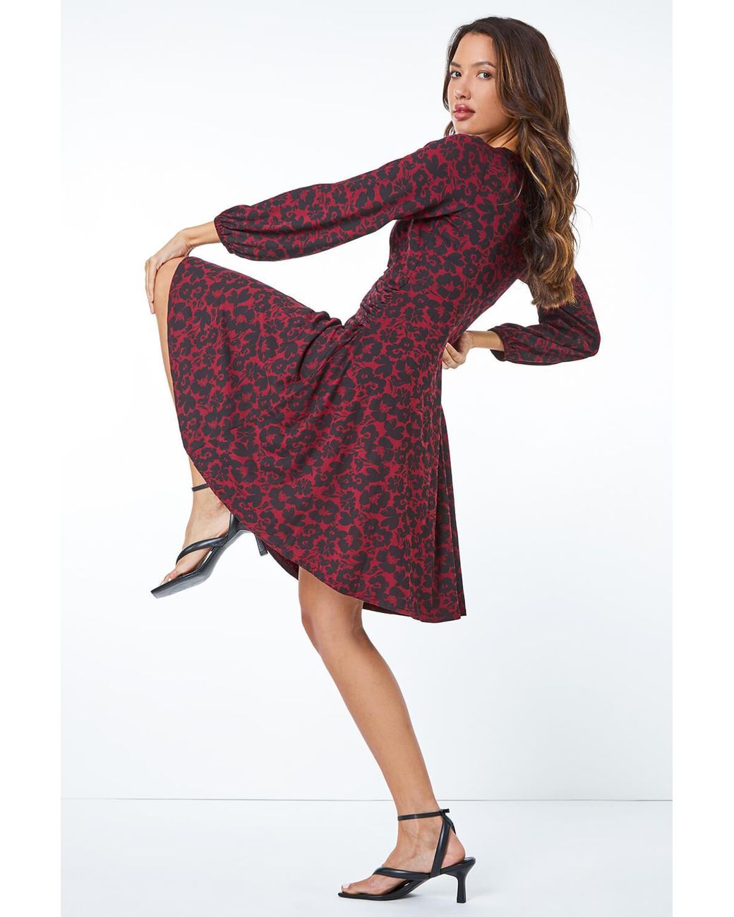 Roman Purple Floral Twist Stretch Ruched Jersey Dress