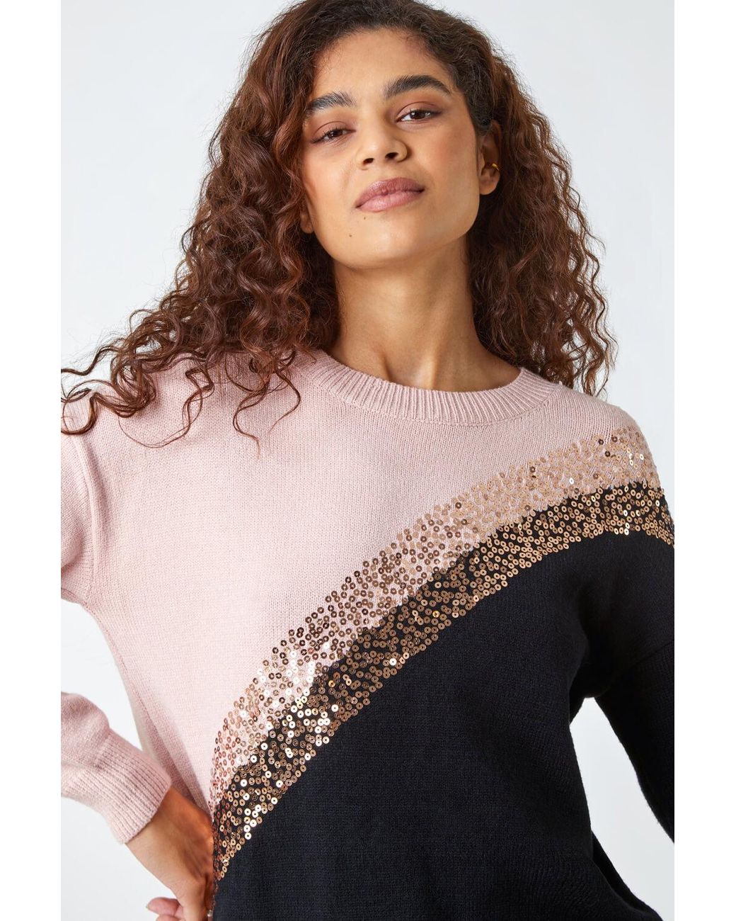 Roman Black Sequin Embellished Colourblock Jumper