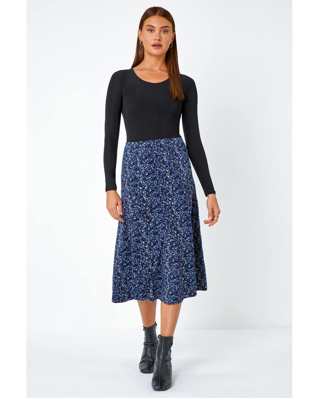Roman Blue Elastic Waist Textured Abstract A-Line Skirt