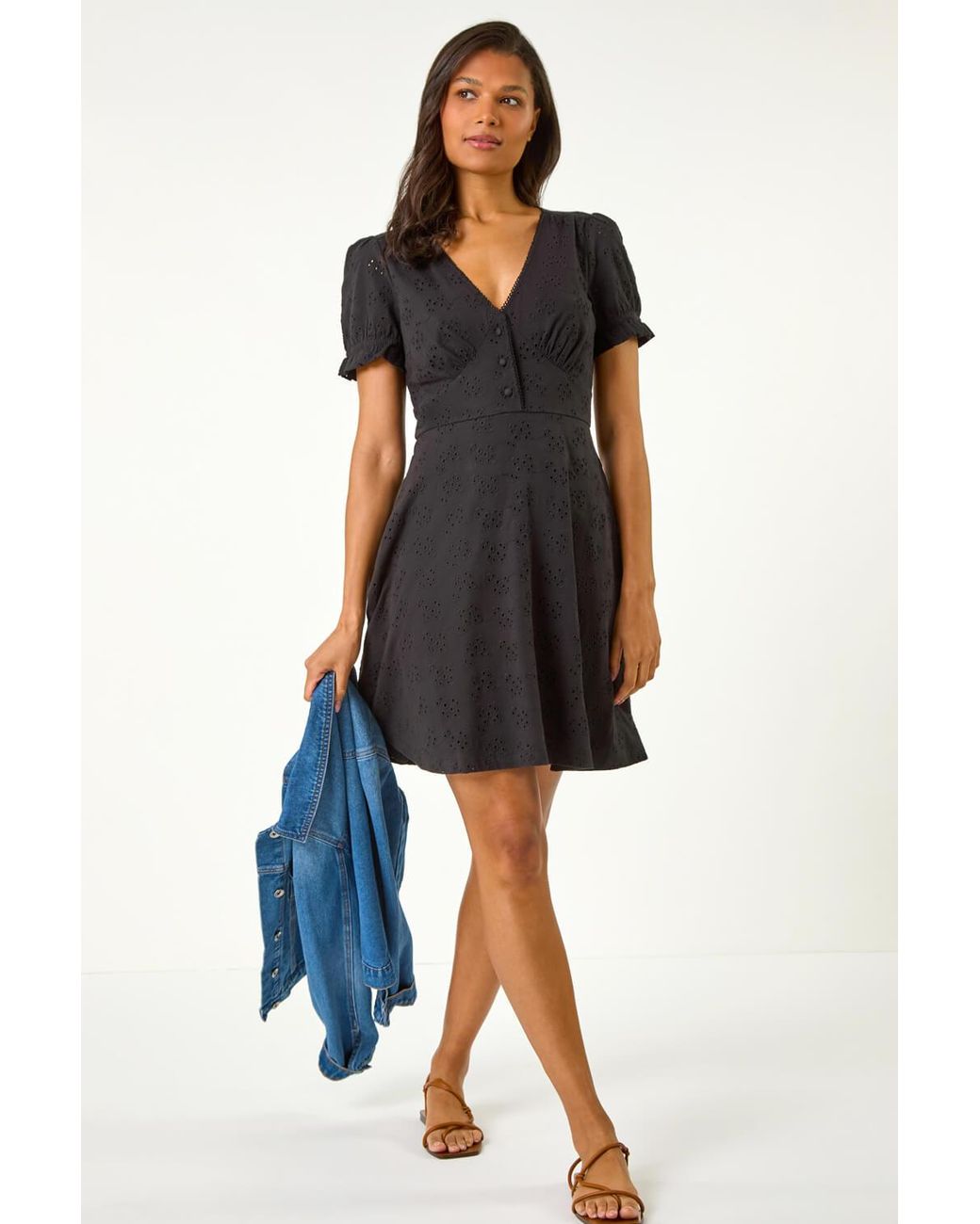 Roman Blue Broderie Cotton Stretch Jersey Frill Dress