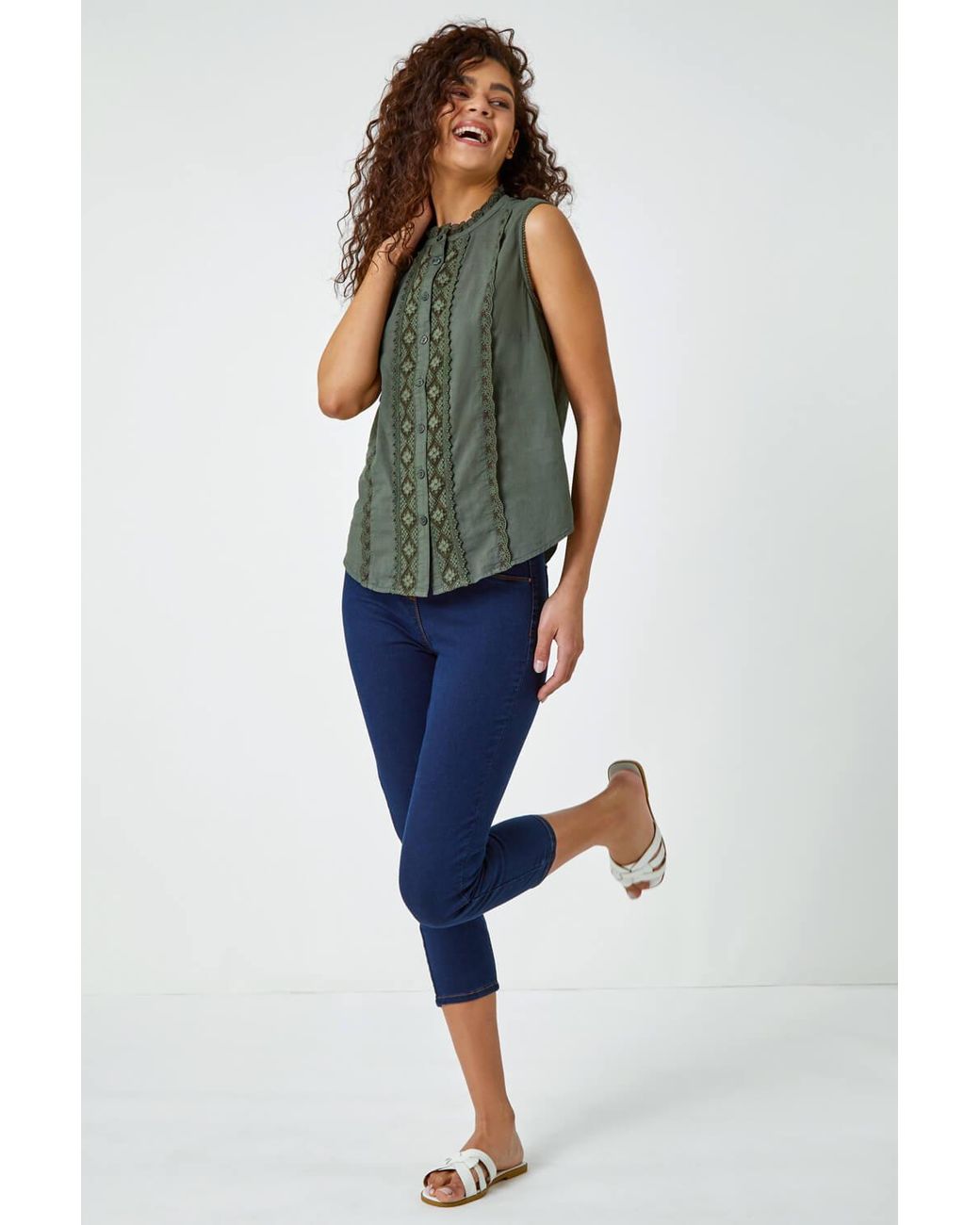 Roman Green Sleeveless Crochet Detail Cotton Blouse