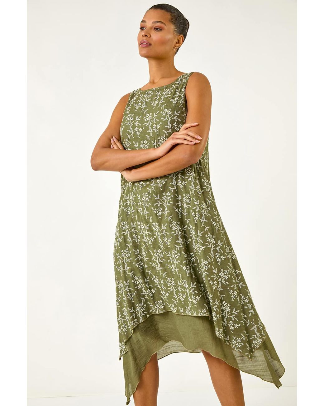 Roman Green Floral Print Double Layer Shift Dress
