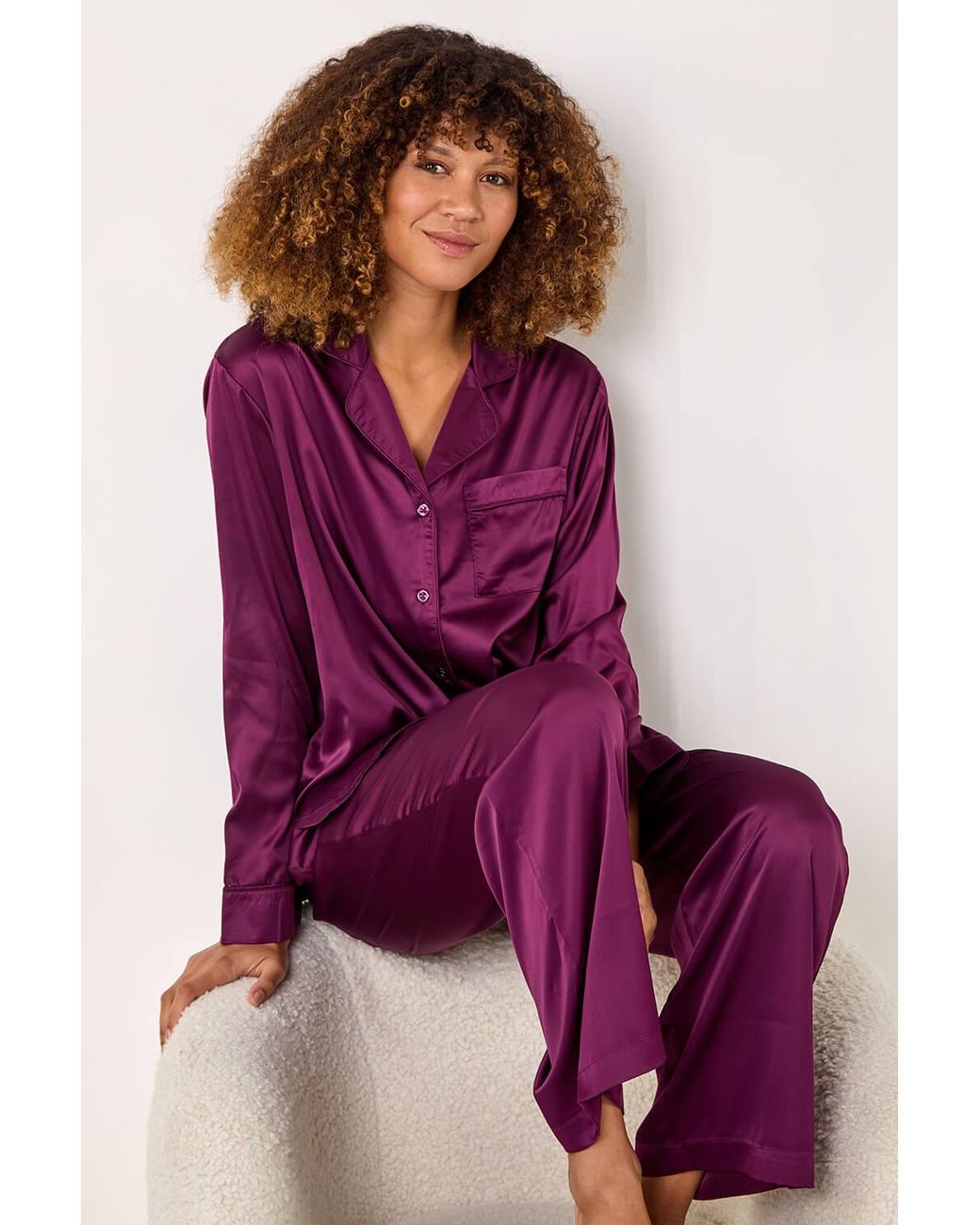 Roman Purple Satin Revere & Collar Pyjama Set