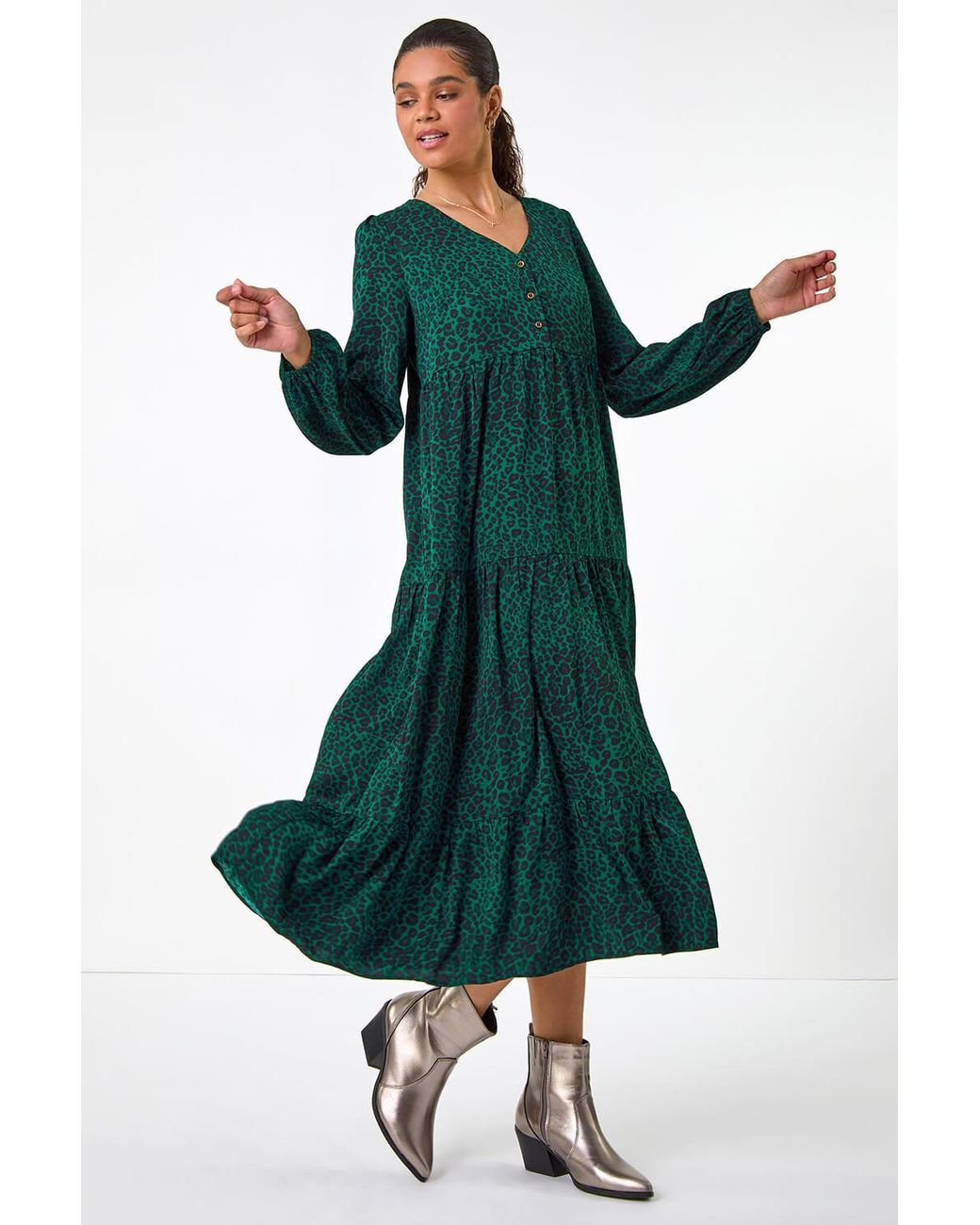 Roman Green Animal Print Button-Detail Smock Midi Dress