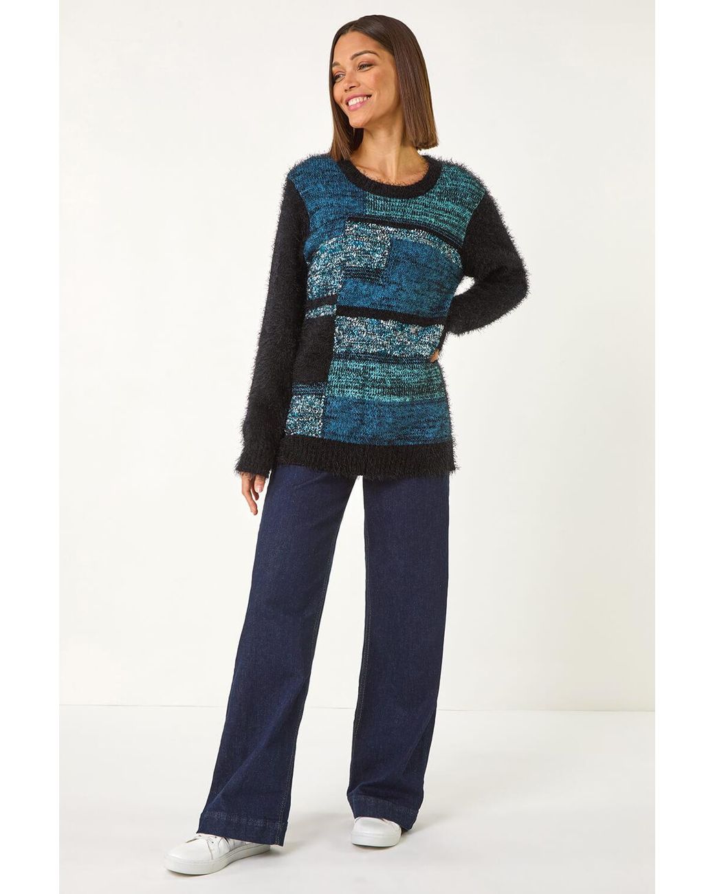 Roman Black Colour Block Fluffy Knit Jumper
