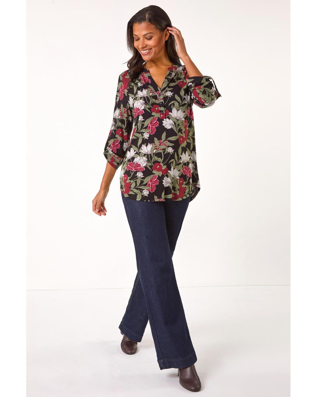 Roman Blue Floral Print Stretch Blouse