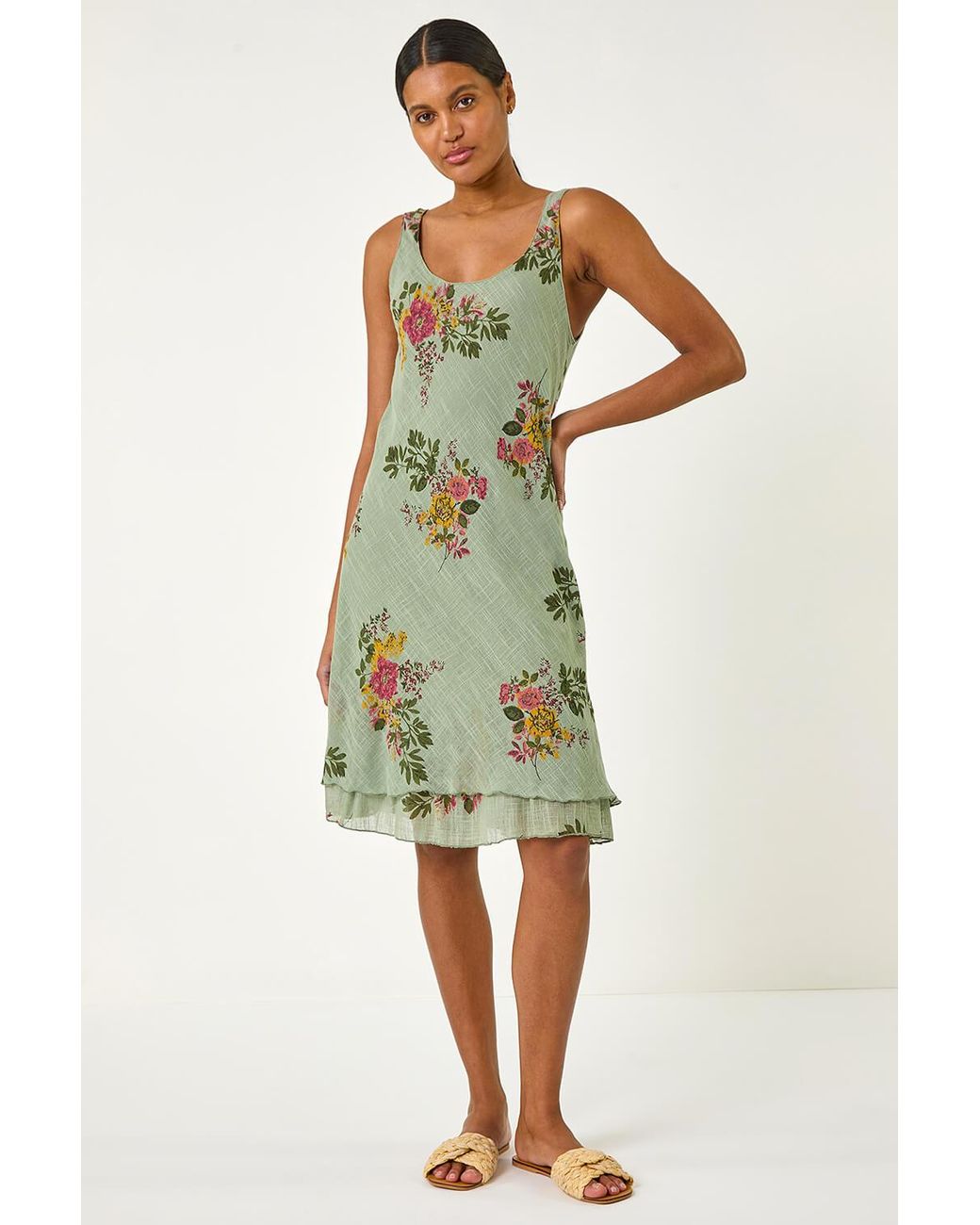 Roman Green Floral Print Double Layer Dress