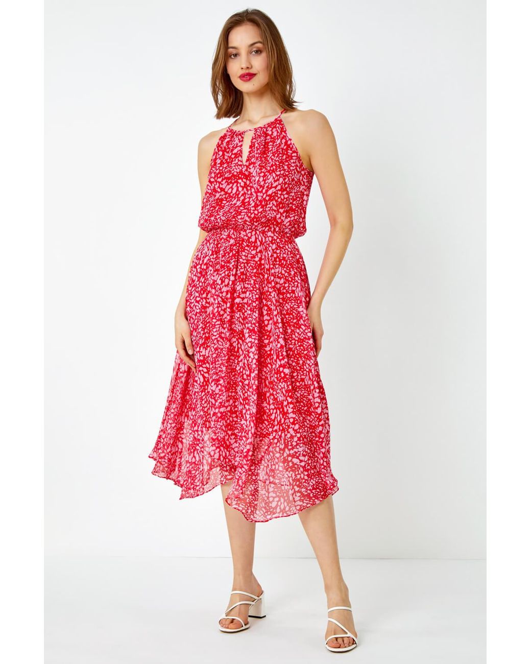 Roman Red Halterneck Abstract Asymmetric Midi Dress