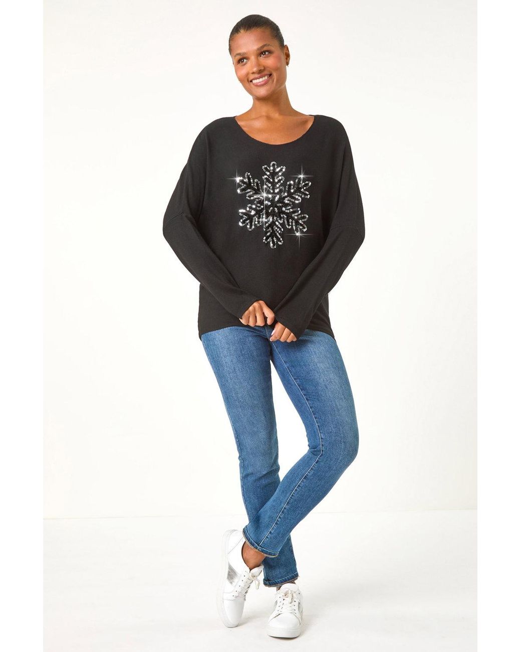 Roman Black Embellished Snowflake Stretch Top