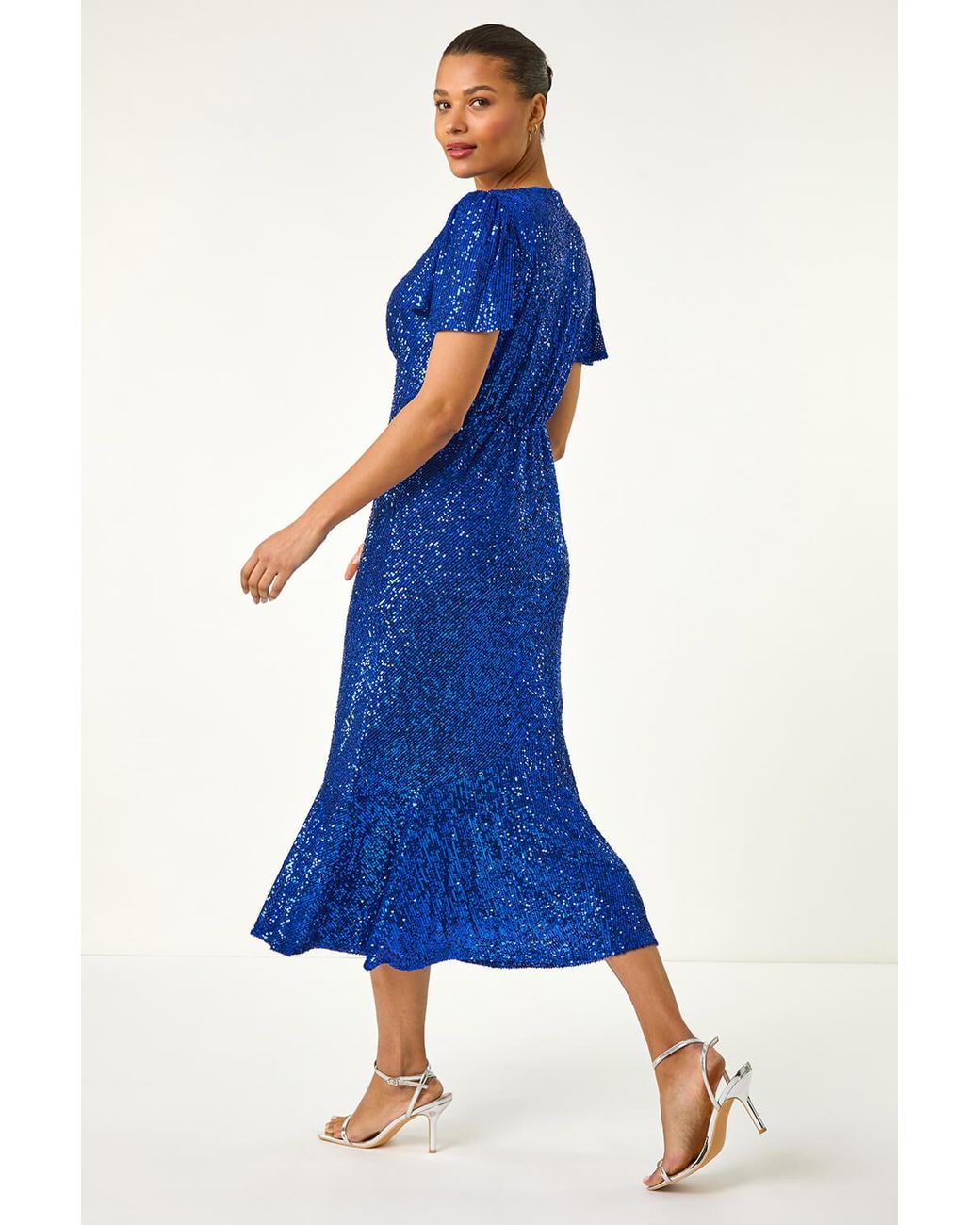 Roman Blue Sequin V-Neck Stretch Midi Dress