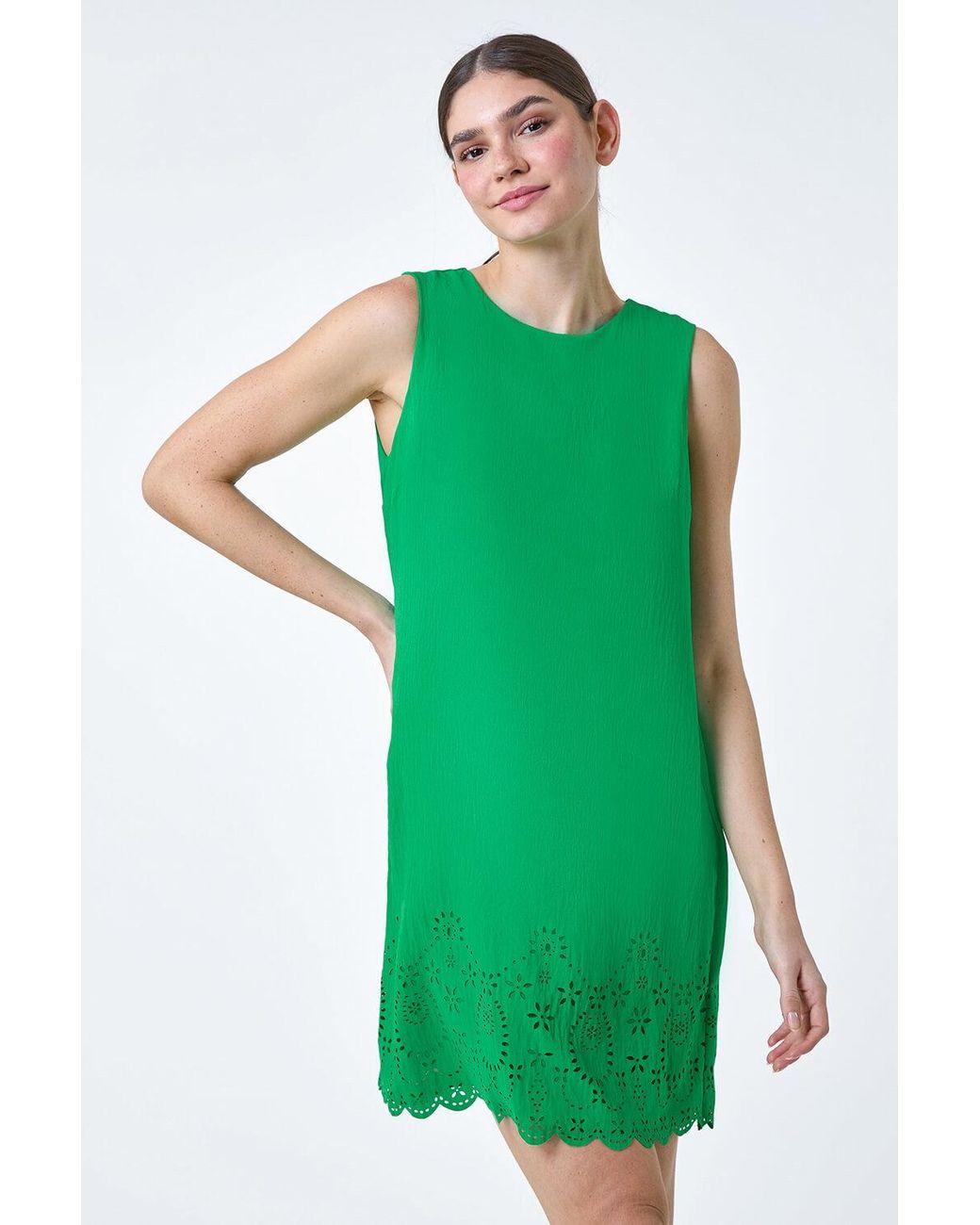 Roman Green Floral Hem Textured Shift Dress