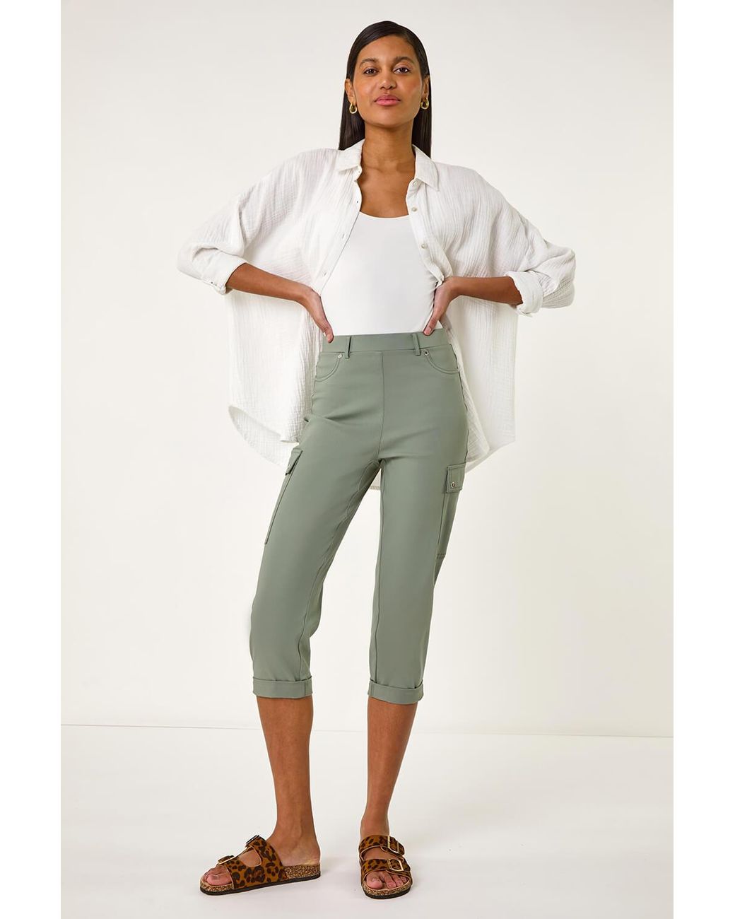 Roman Green Turn Up Stretch Cropped Cargo Trousers