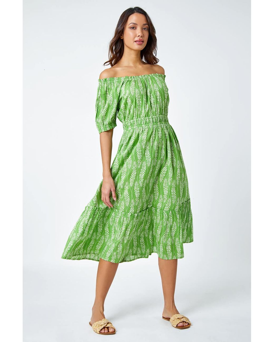 Roman Green Leaf Print Stretch Neck Midi Dress