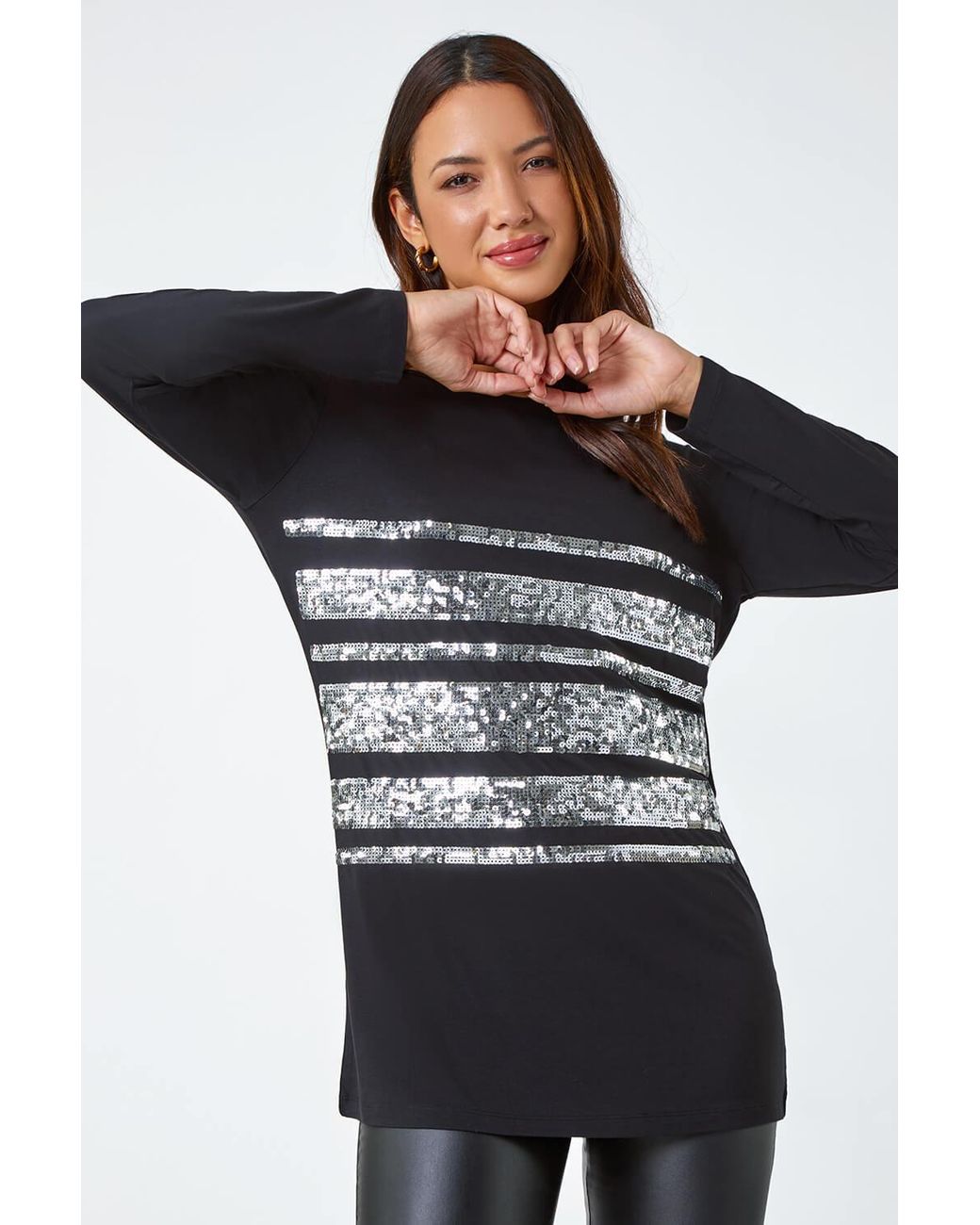 Roman Black Sequin Detail Stretch Tunic Top