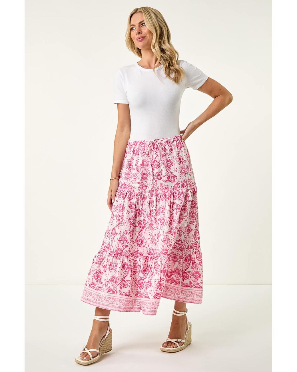 Roman Petite Pink Floral Print Tie Midi Skirt