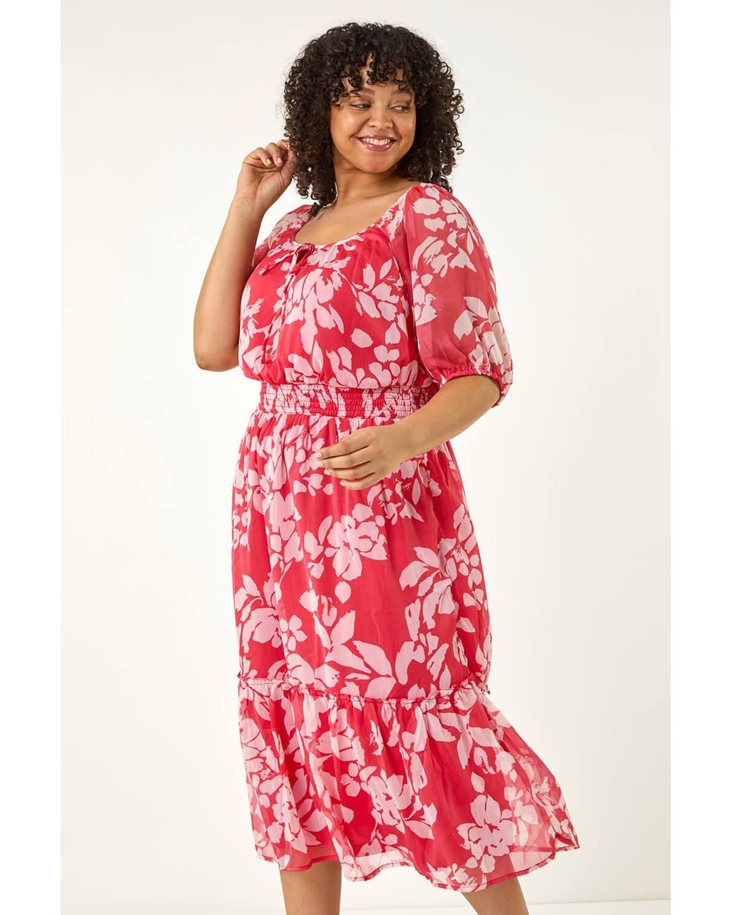Roman Curve Red Tropical Print Tie Neck Midi Dress