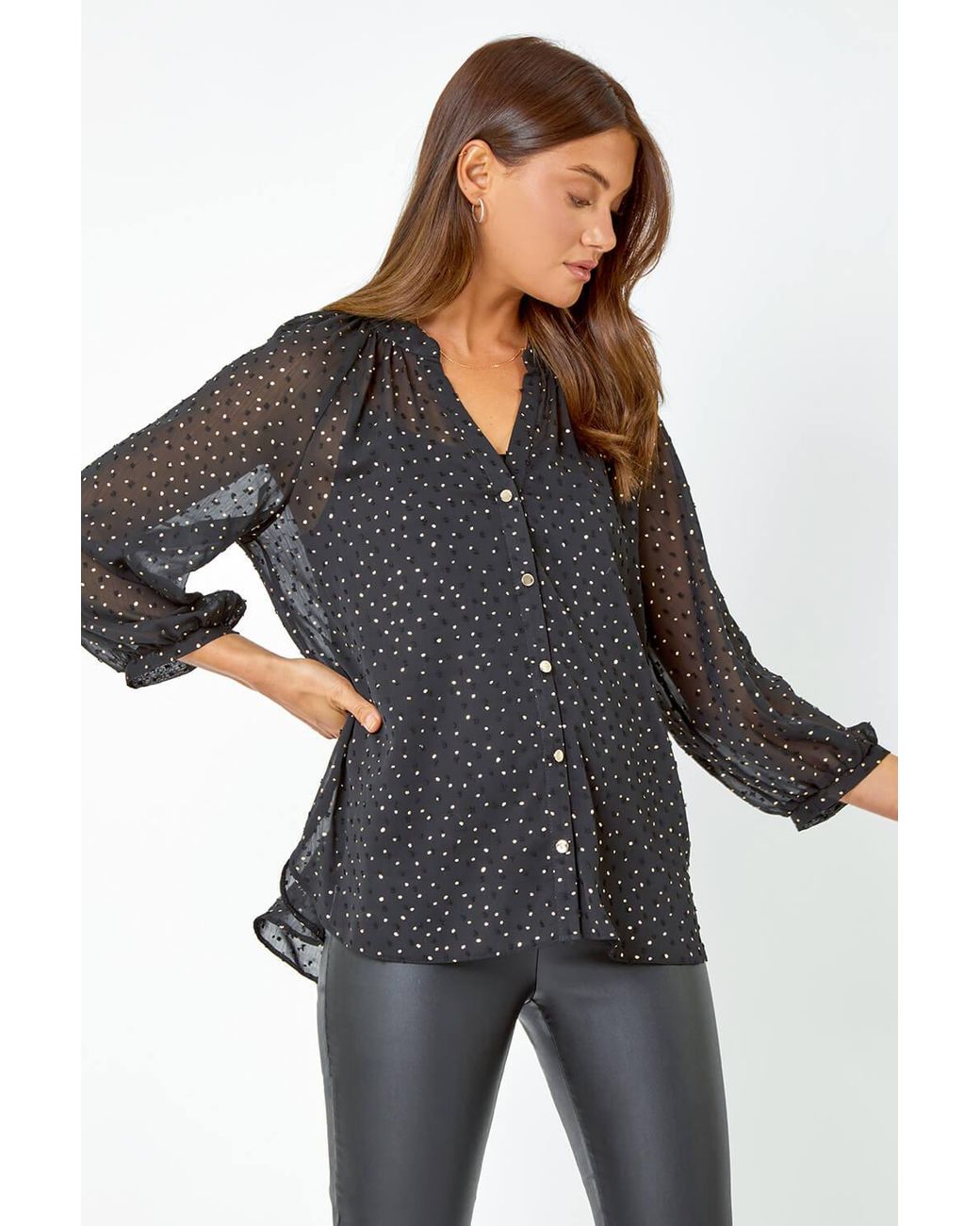 Roman Black Metallic Spot Print Chiffon Blouse