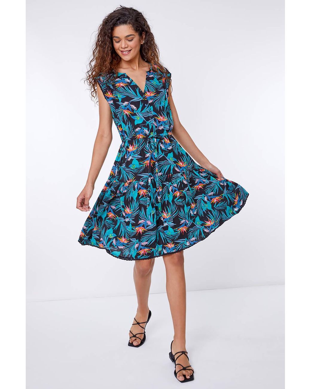 Roman Blue Floral Print Tiered Woven Dress