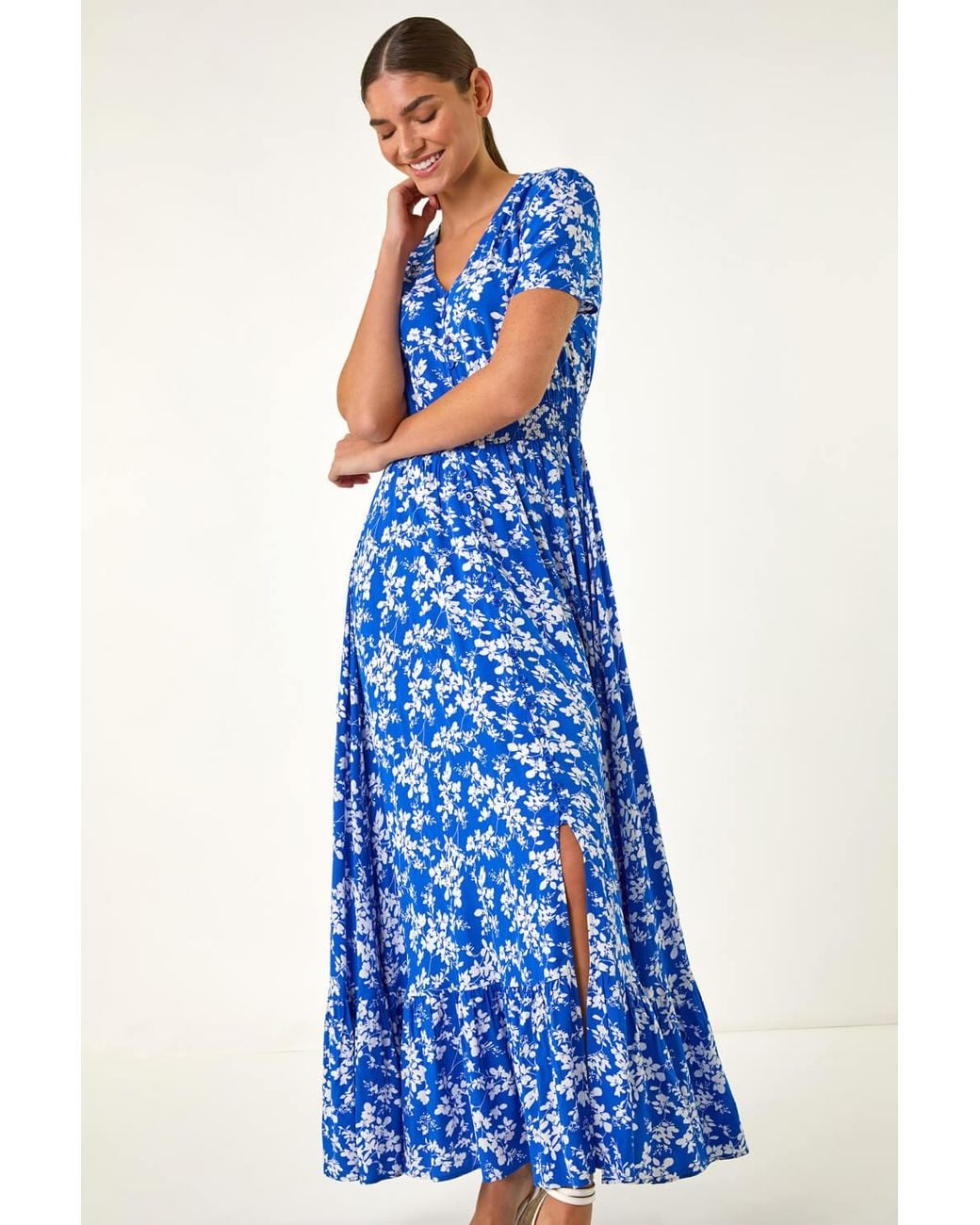 Roman Blue Floral Button Maxi Dress
