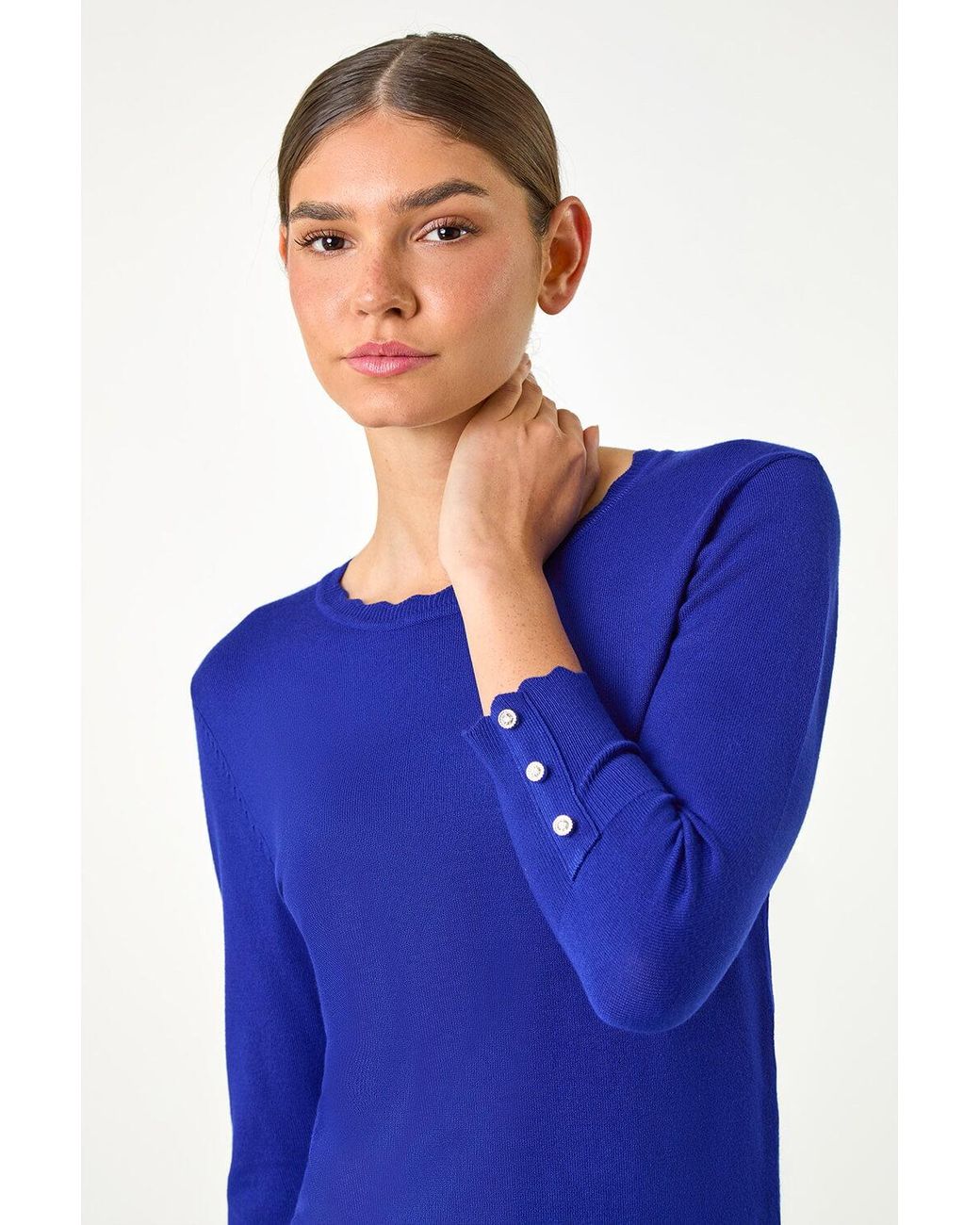 Roman Blue Diamante Button Scallop Edge Jumper