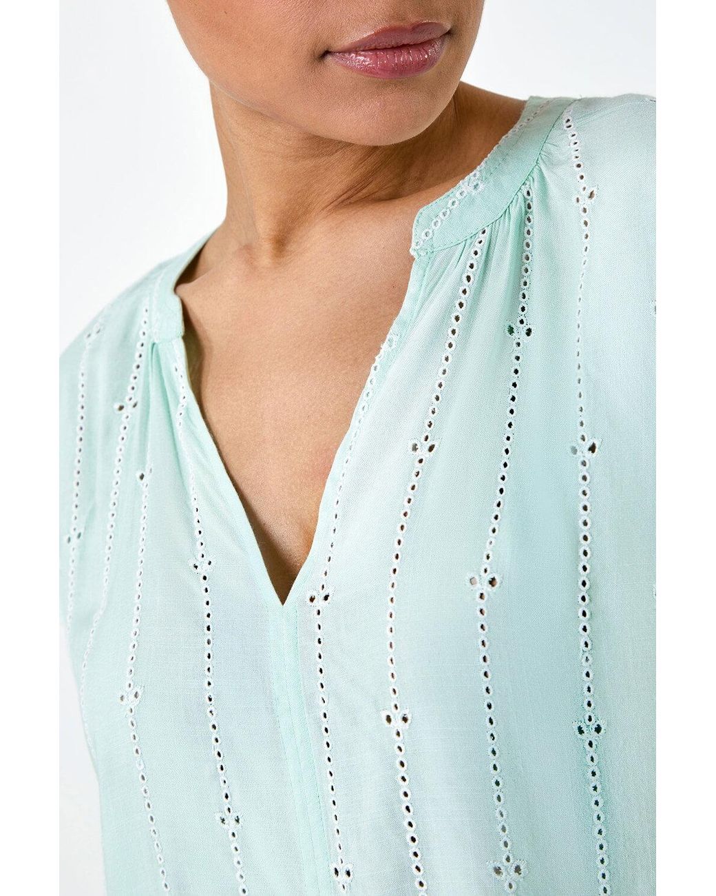 Roman Blue Embroidered Stripe Notch Neck Top