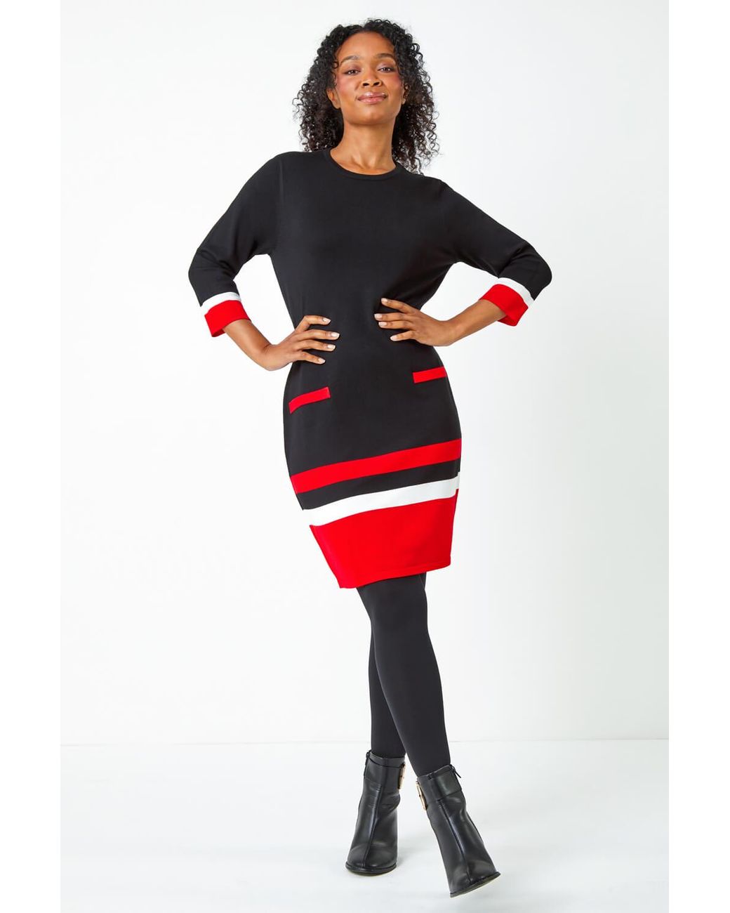 Roman Originals Petite Colour Block Pocket Jumper Dress in Red
