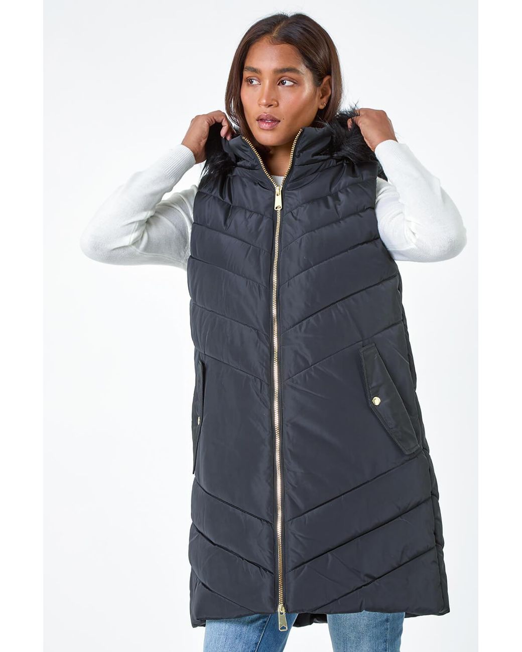 Roman Gray Quilted Faux Fur Hood Longline Gilet