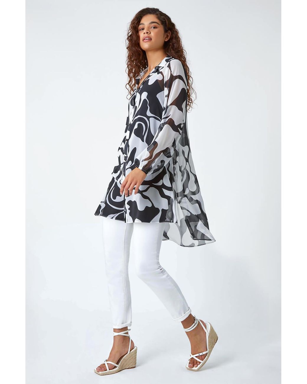Roman White Abstract Print Longline Blouse