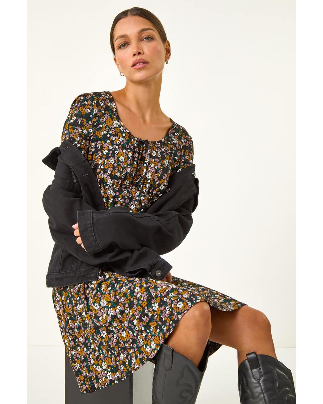 Roman Black Floral Bow Detail Jersey Dress