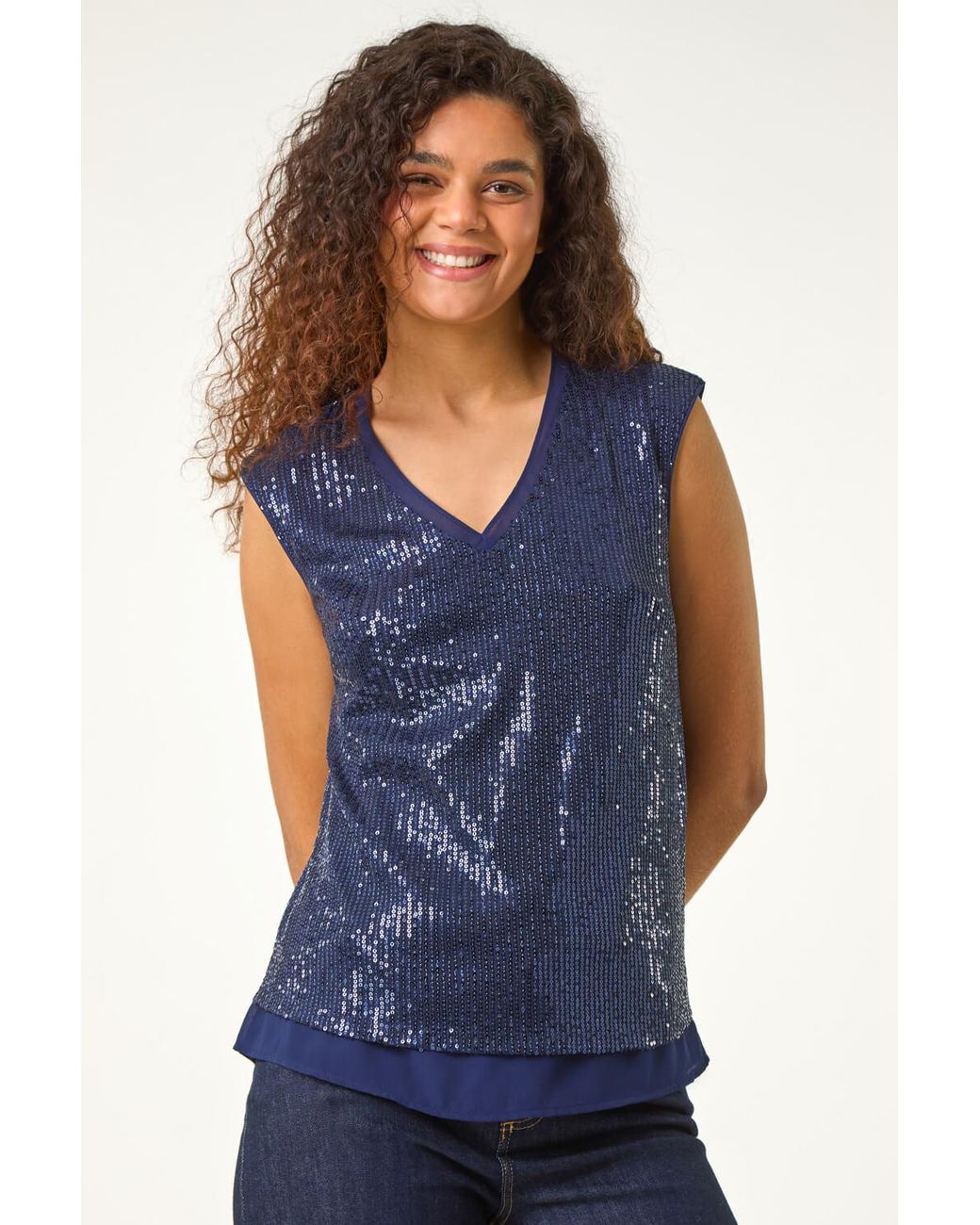 Roman Blue Sequin V-Neck Tunic Stretch Top
