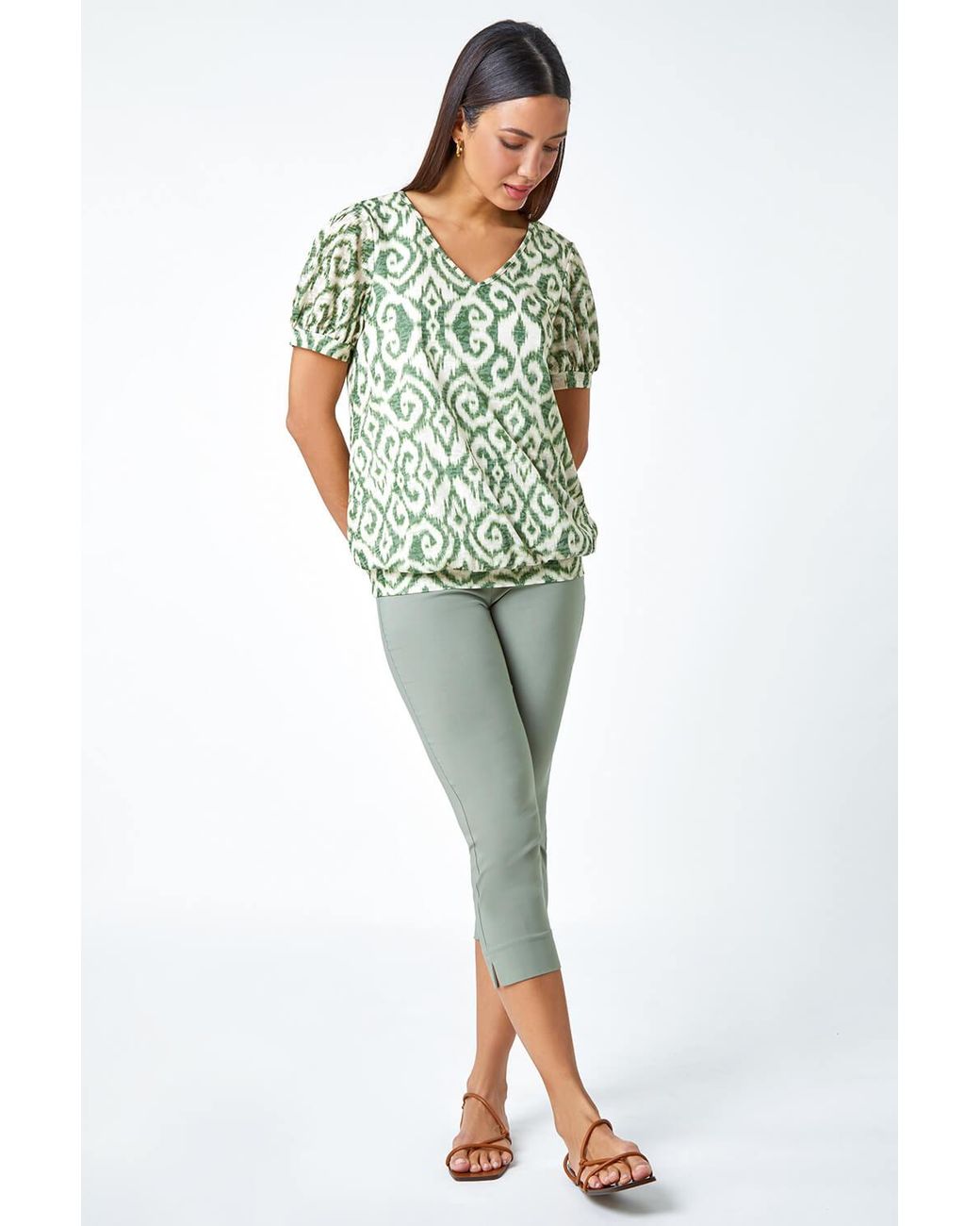 Roman Green Aztec Print V-Neck Blouson Hem Top