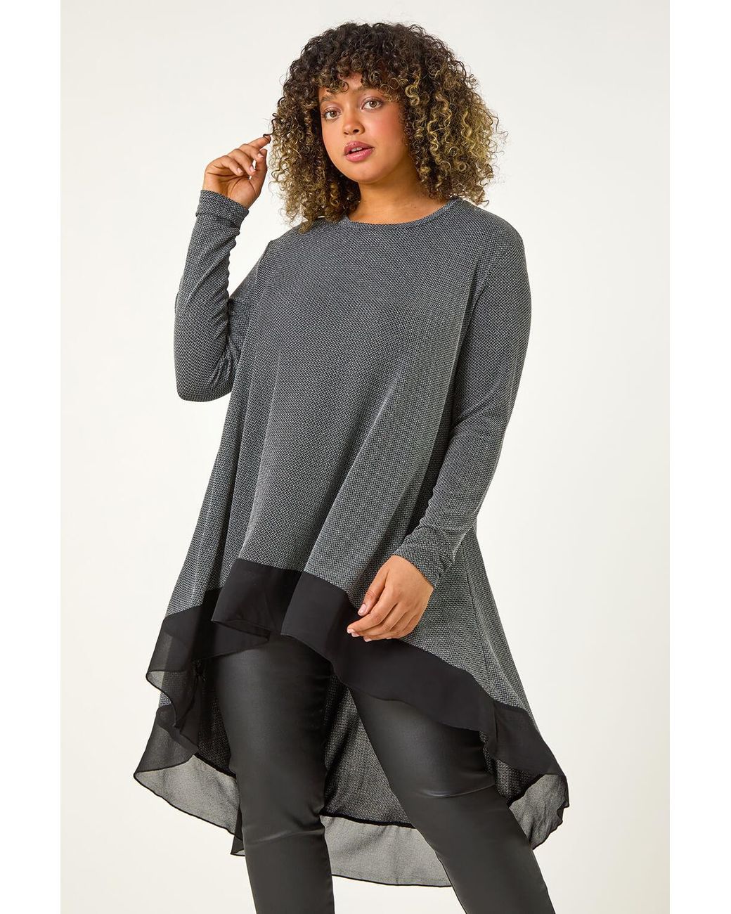Roman Curve Gray Glitter Chiffon Hem Tunic Top
