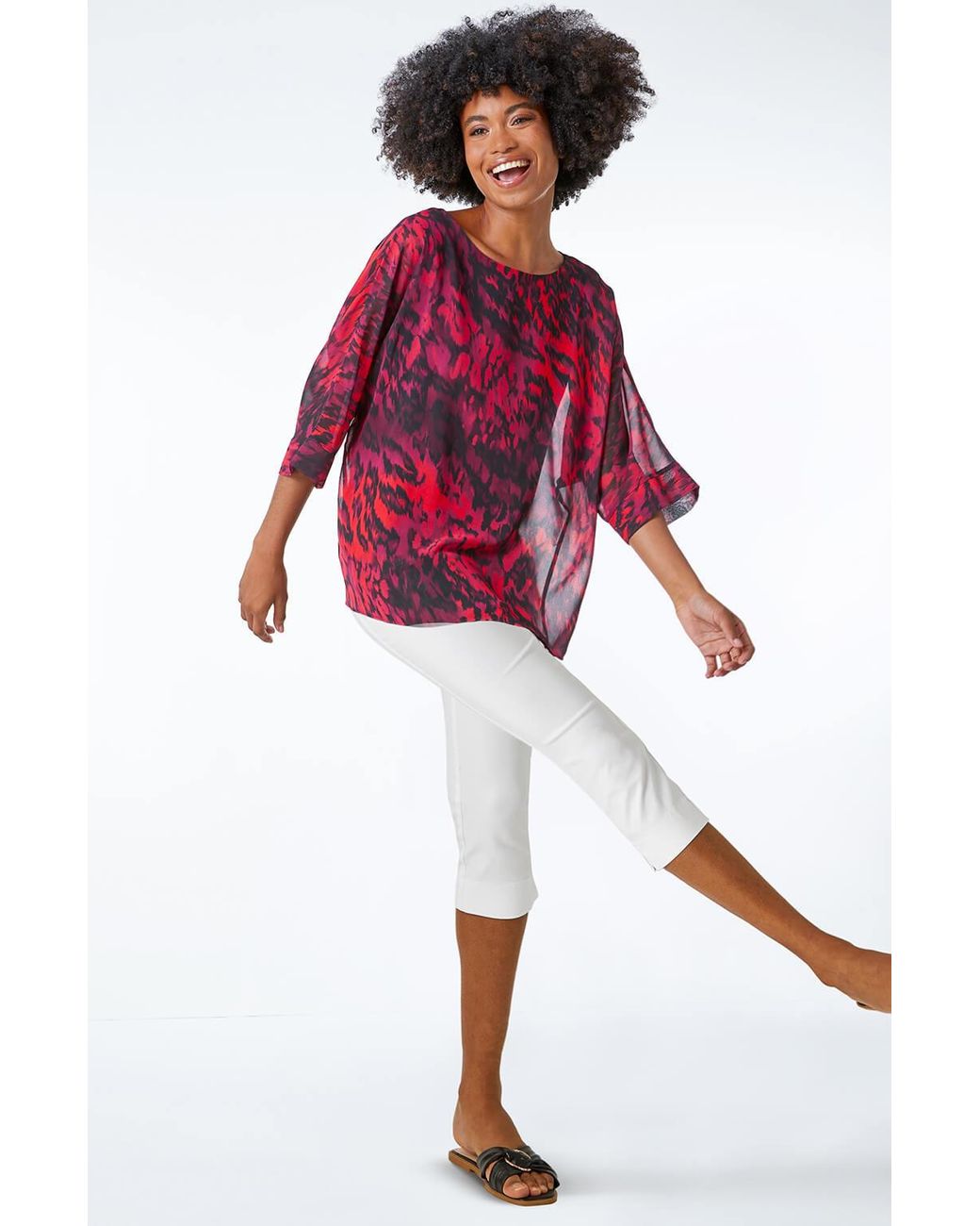 Roman Red Animal Print Chiffon Overlay Top